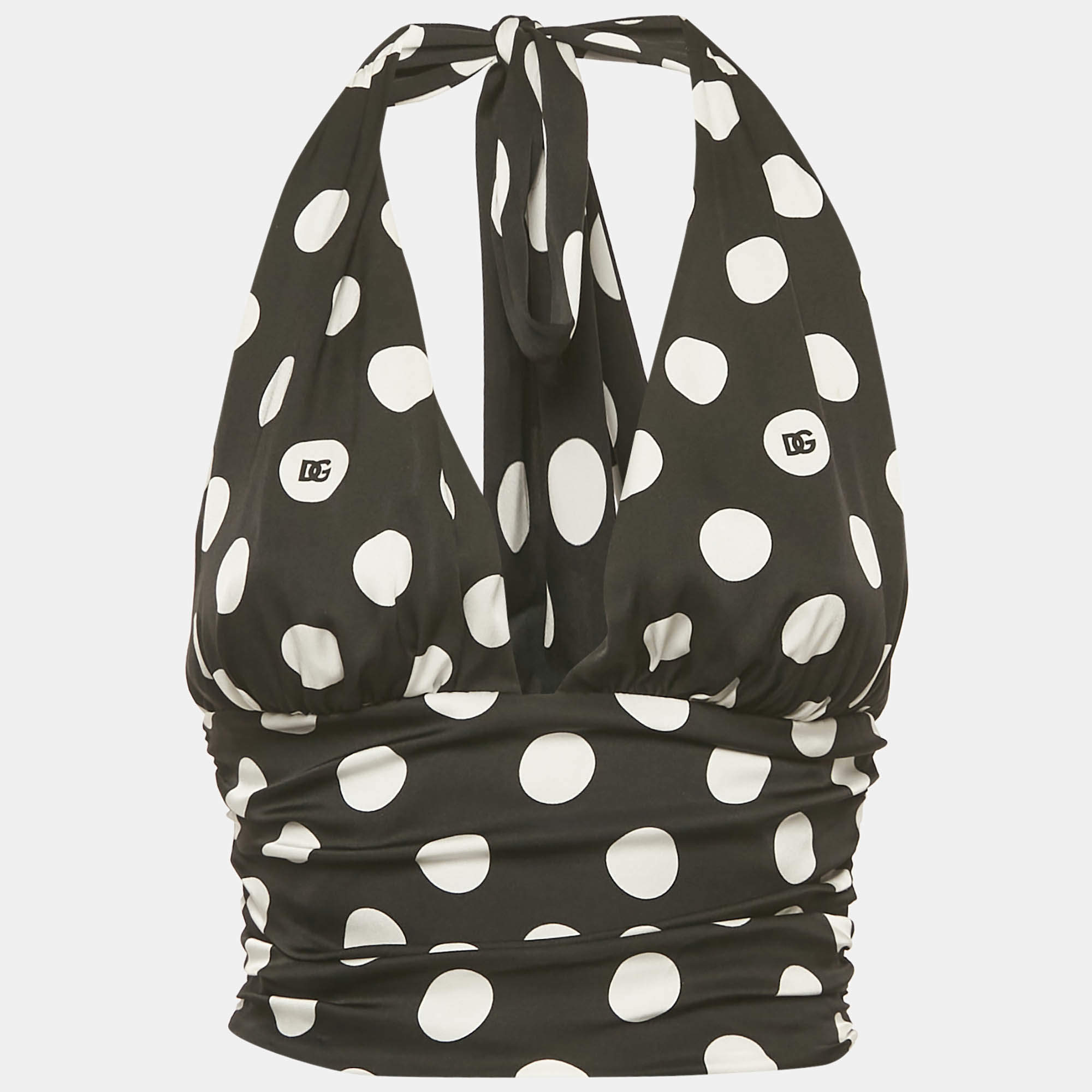 Pre Owned Dolce & Gabbana Black Polka Dots Print Silk Halter Neck Top S