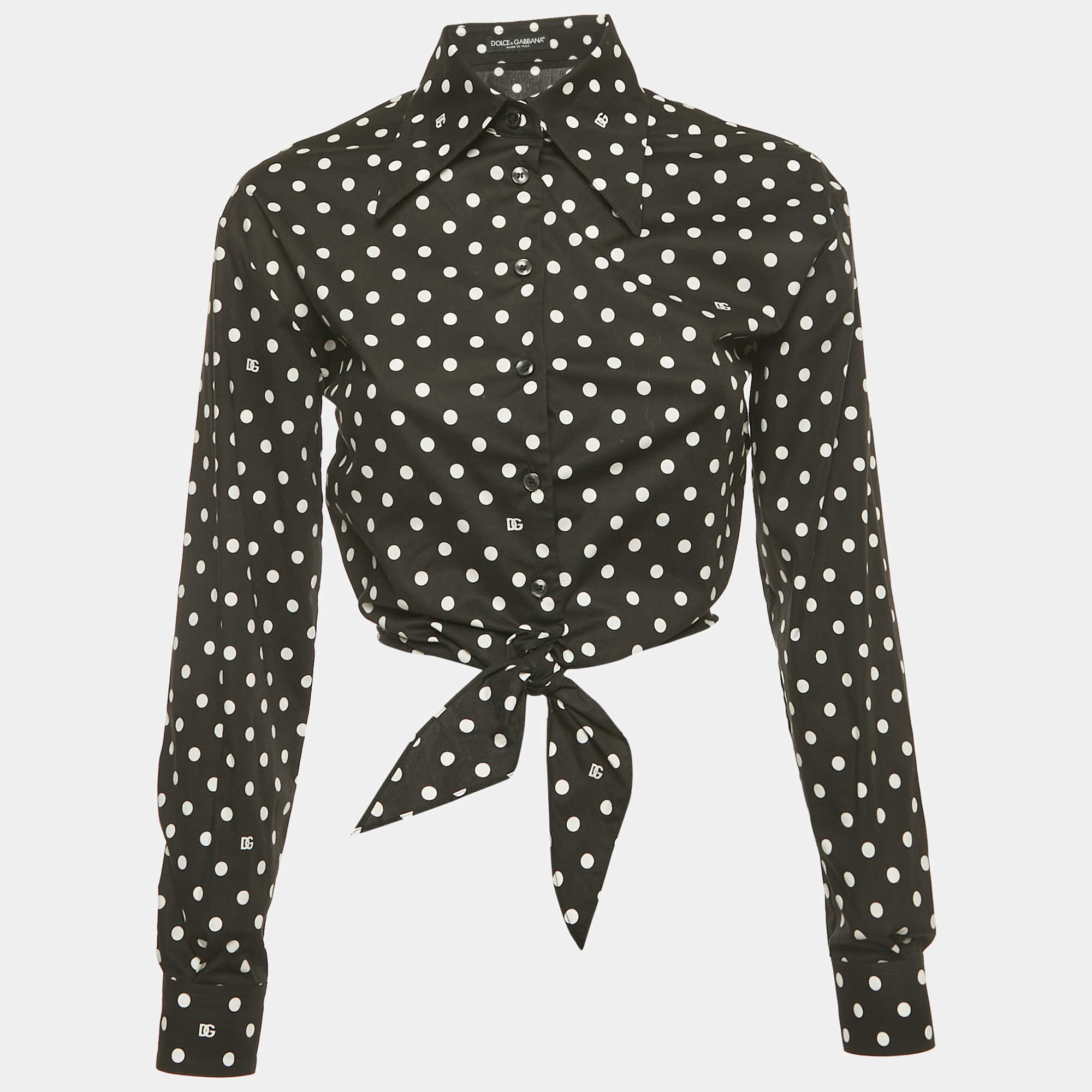 Pre Owned Dolce & Gabbana Black Polka Dots Print Cotton Tie-Up Shirt S