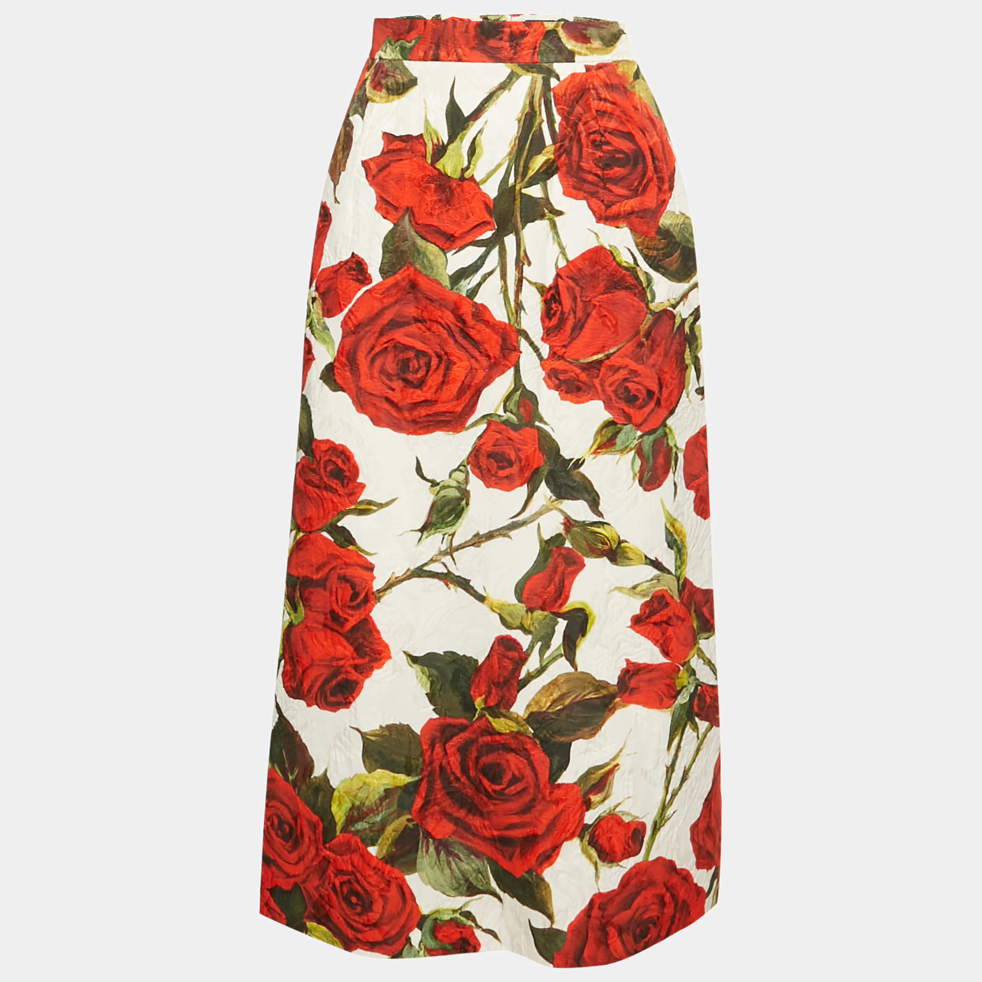 Pre Owned Dolce & Gabbana White Rose Print Cotton Blend Jacquard Midi Skirt M
