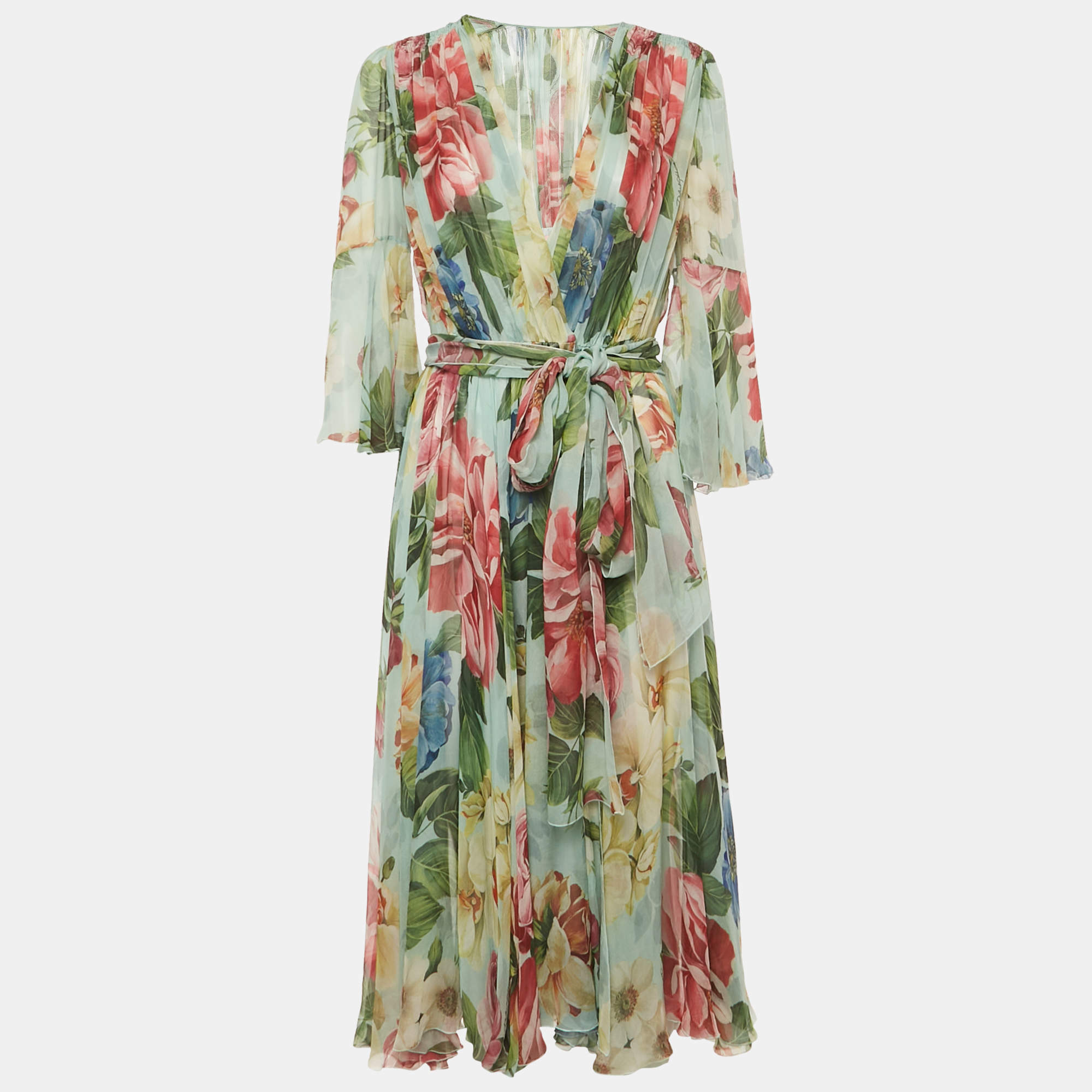 Pre Owned Dolce & Gabbana Green Floral Print Midi Wrap Dress M