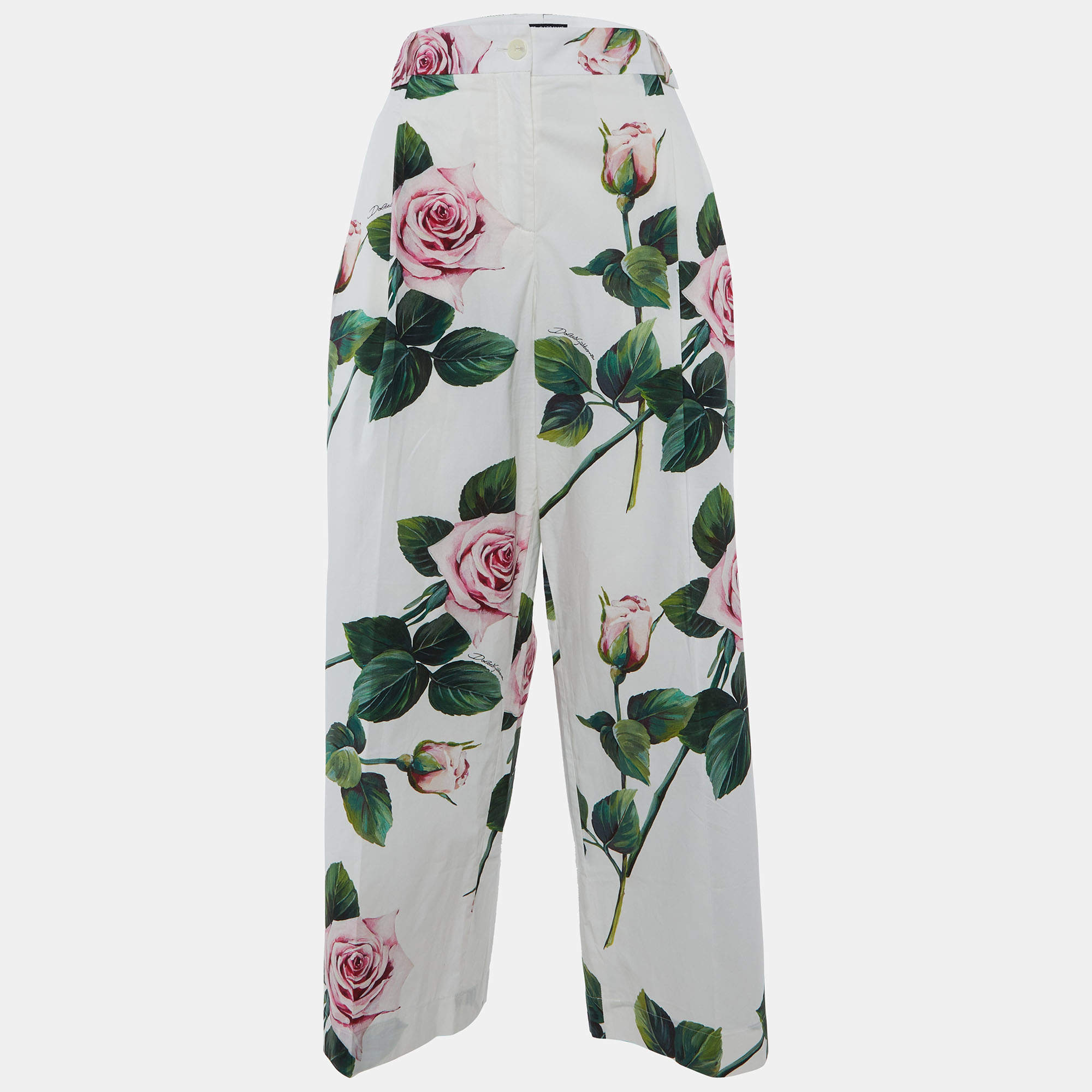 مملوكة مسبقًا Dolce & Gabbana White Rose Printed Cotton Parallel Pants M