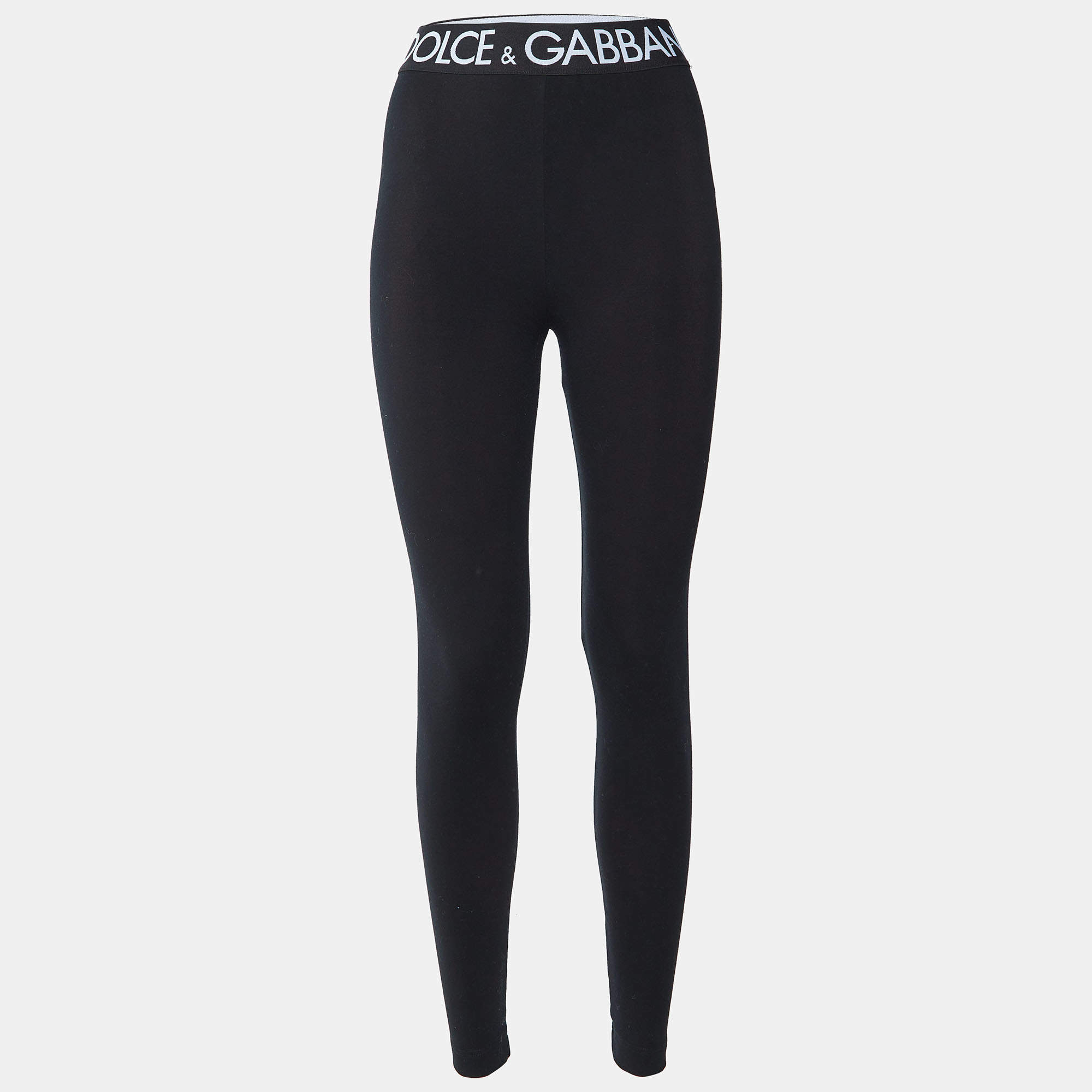 Pre Owned Dolce & Gabbana Black Stretch Cotton Logo Elastic Waist Detail Leggings S