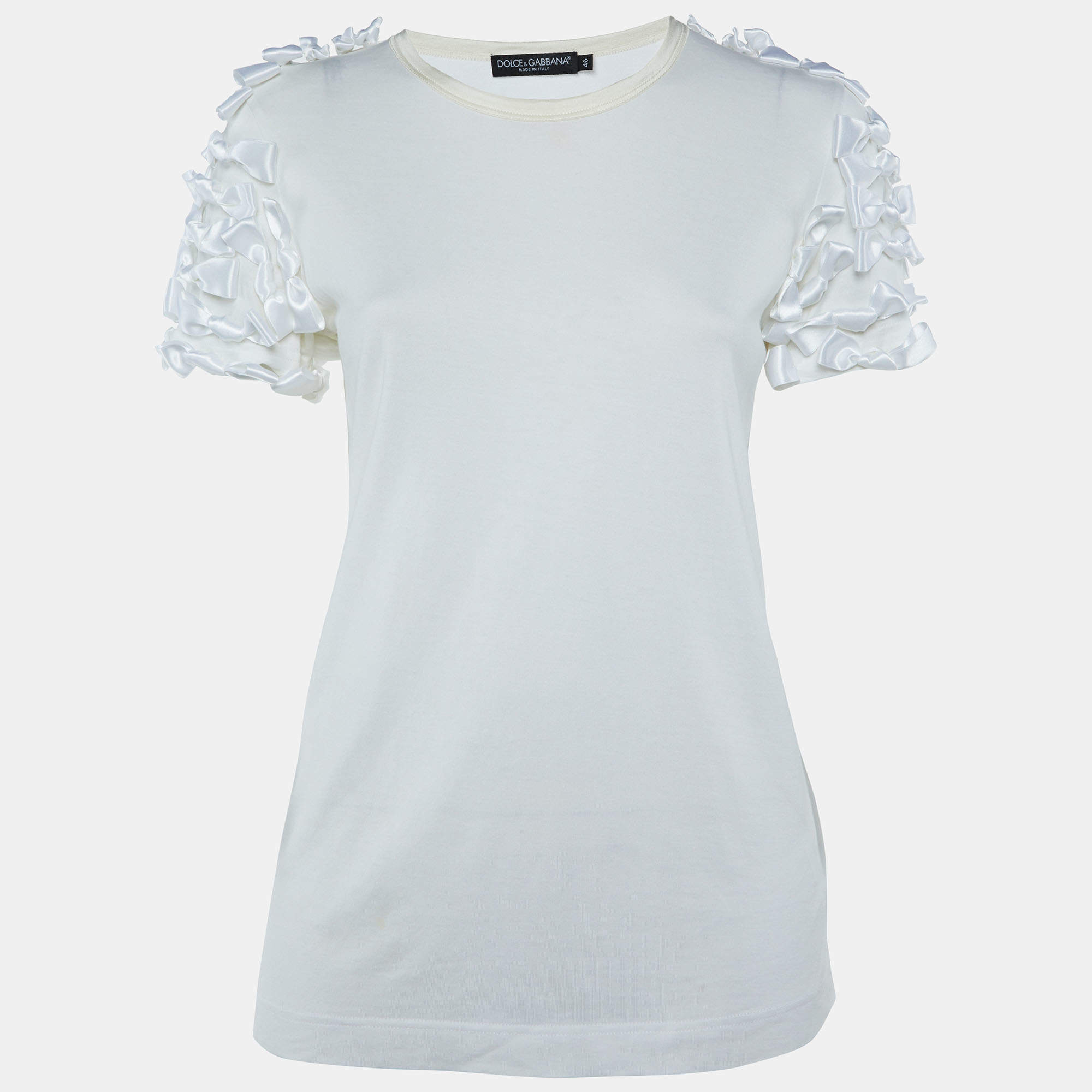Pre Owned Dolce & Gabbana White Cotton Knit Bow Detail T-Shirt L