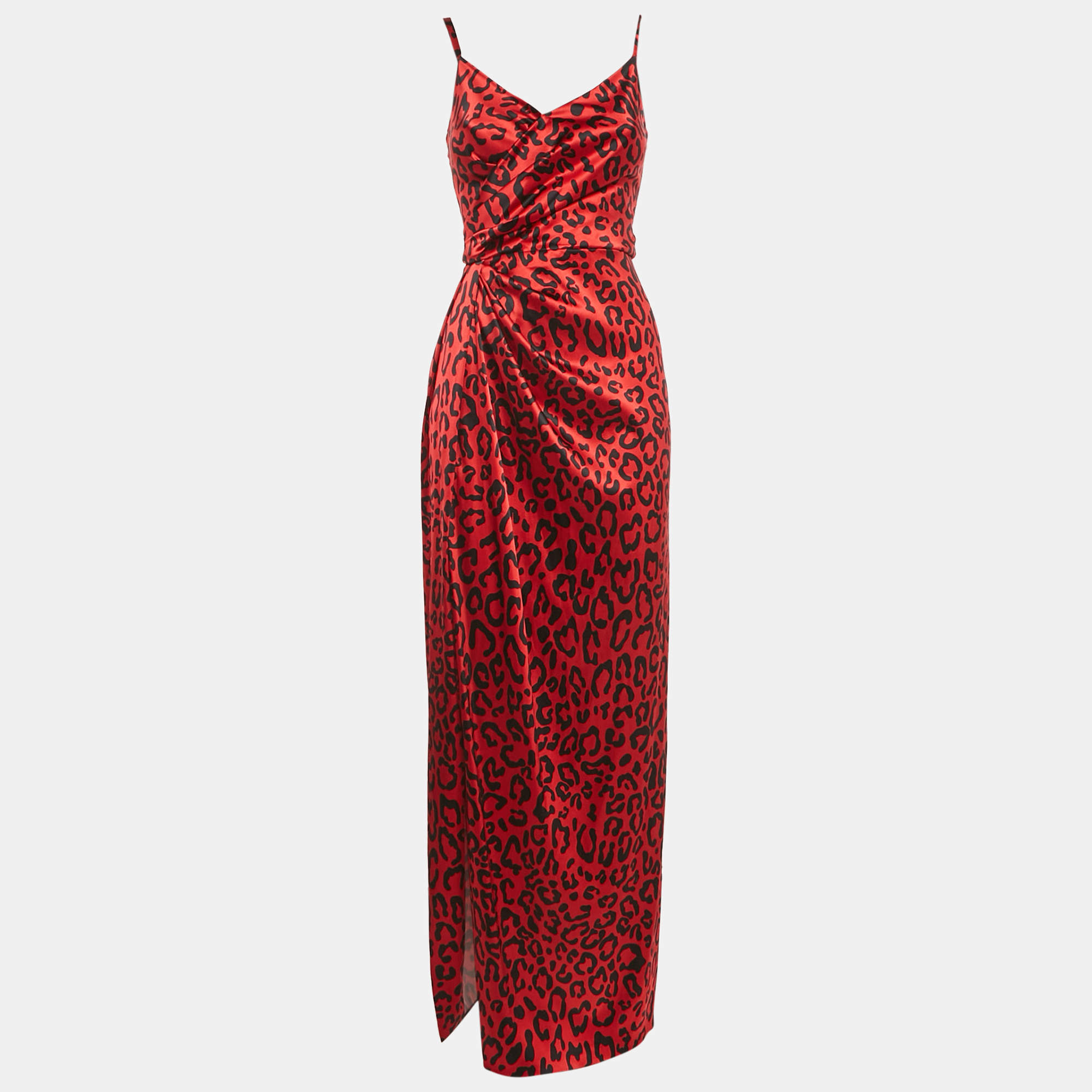 Pre Owned Dolce & Gabbana Red Leopard Print Silk Draped Sleeveless Maxi Dress S