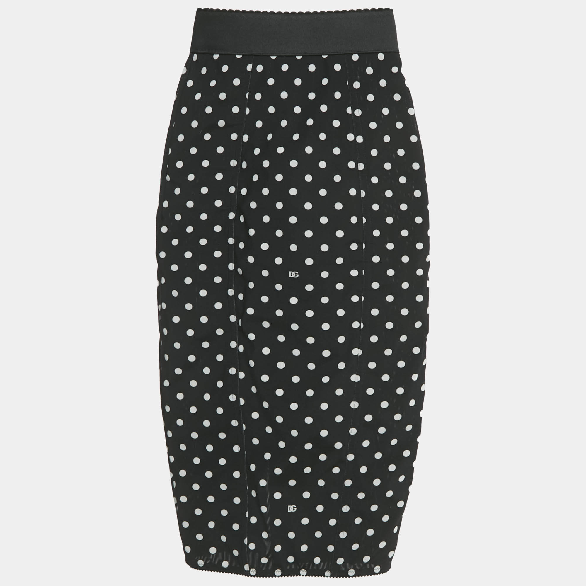 Pre Owned Dolce & Gabbana Black Polka Dot Print Mesh Midi Skirt XS