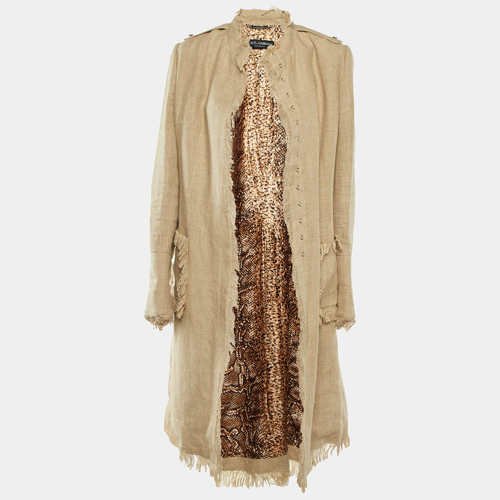 Pre Owned Dolce & Gabbana Beige Linen Frayed Detail Long Coat L