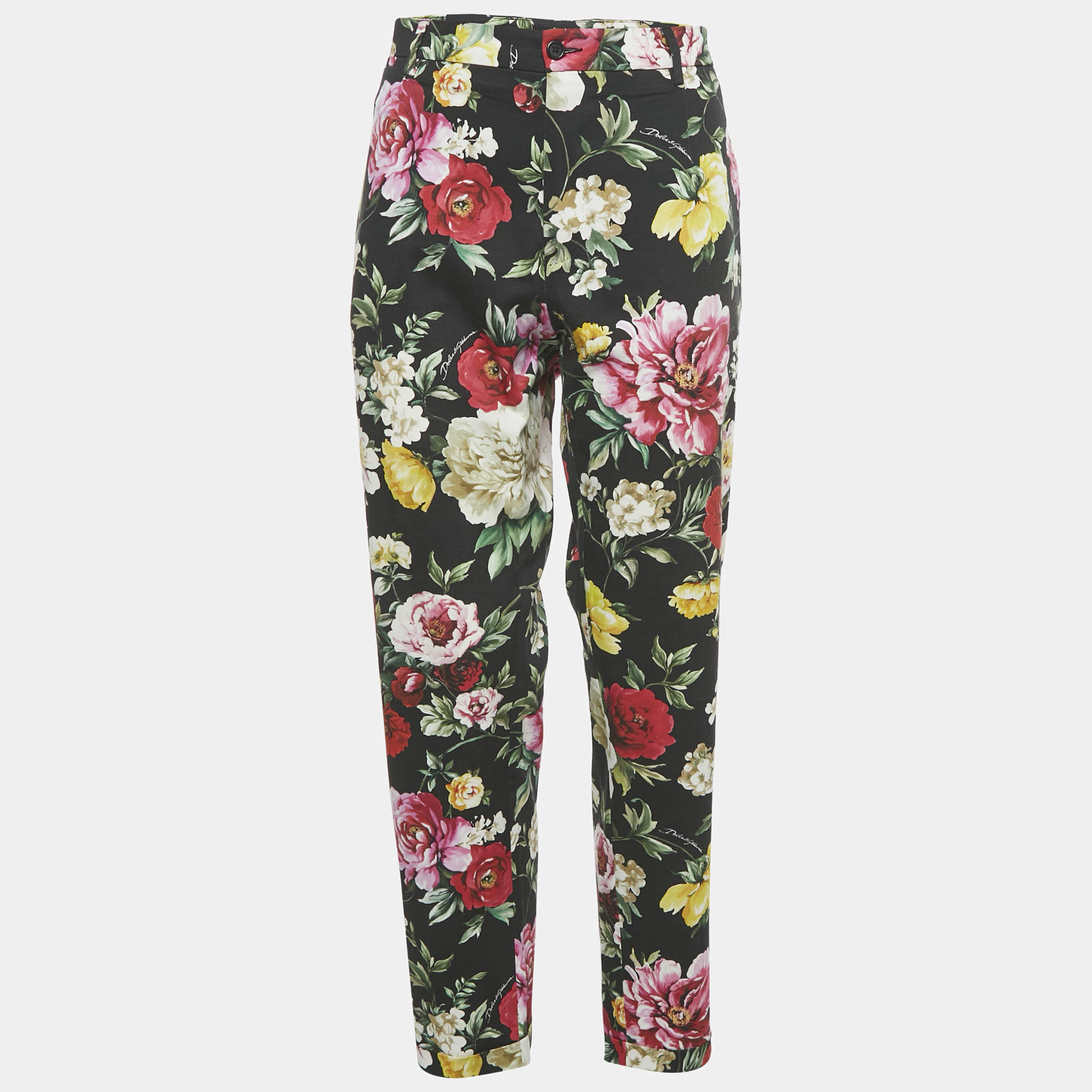 Pre Owned Dolce & Gabbana Black Camellia Print Cotton Trouser XXL 