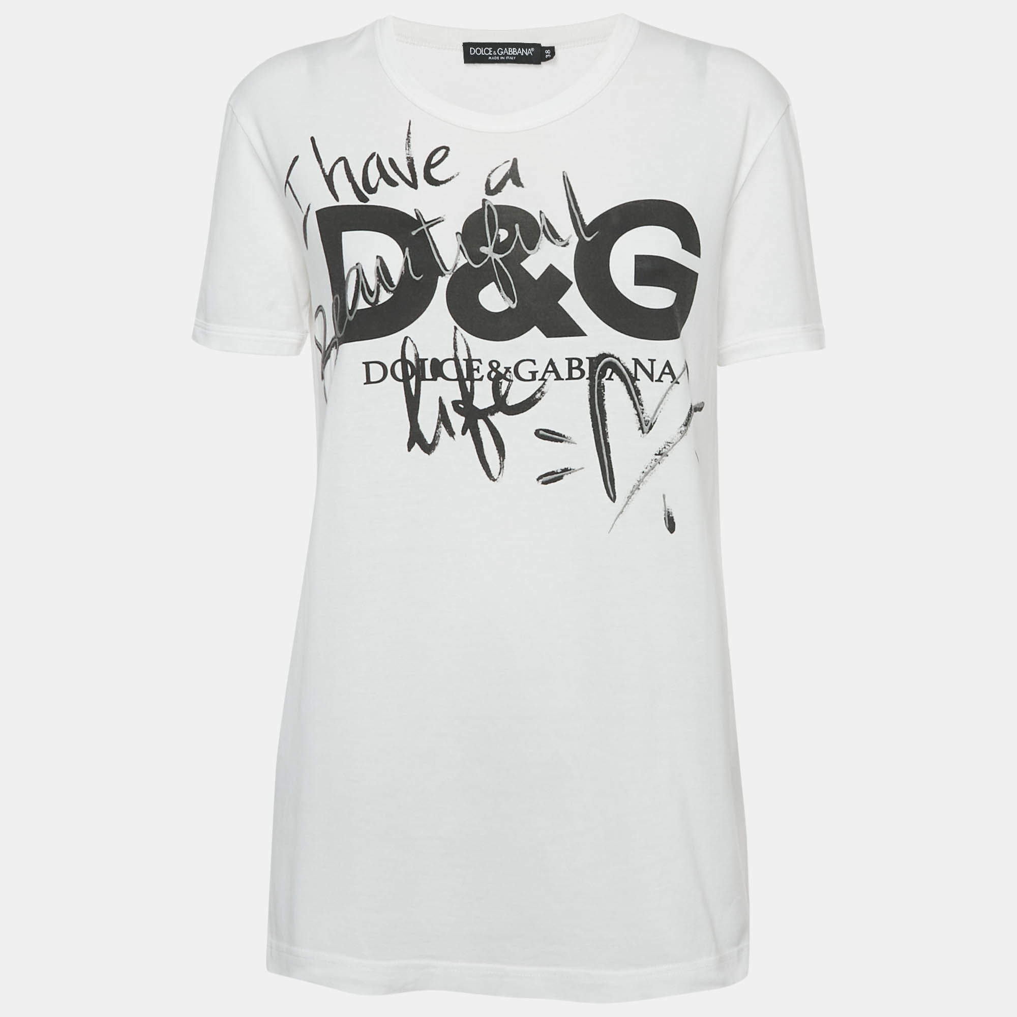 Pre Owned Dolce & Gabbana White Printed Cotton Knit Crew Neck T-Shirt S