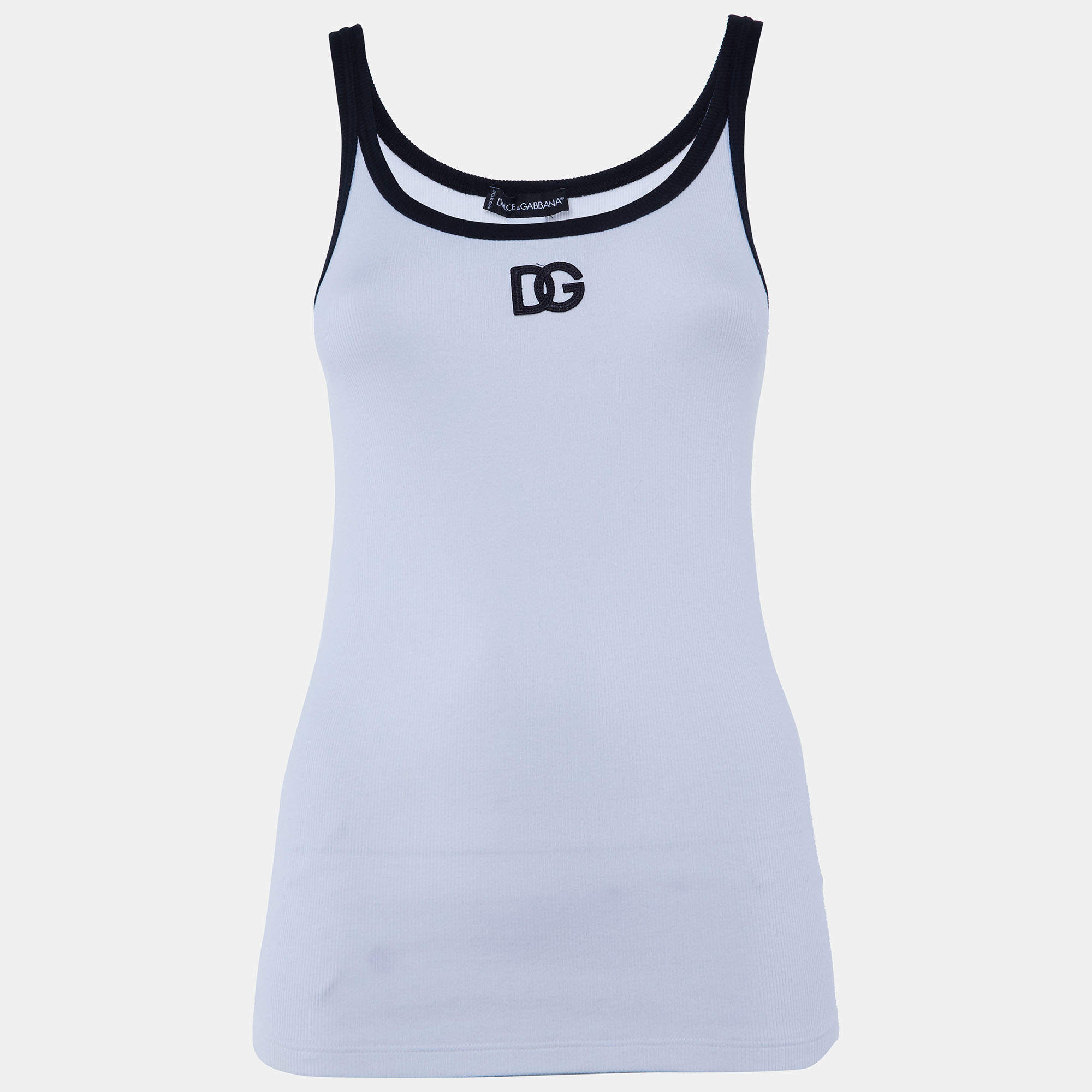 Pre Owned Dolce & Gabbana White Cotton Knit Contrast Detail Tank Top M