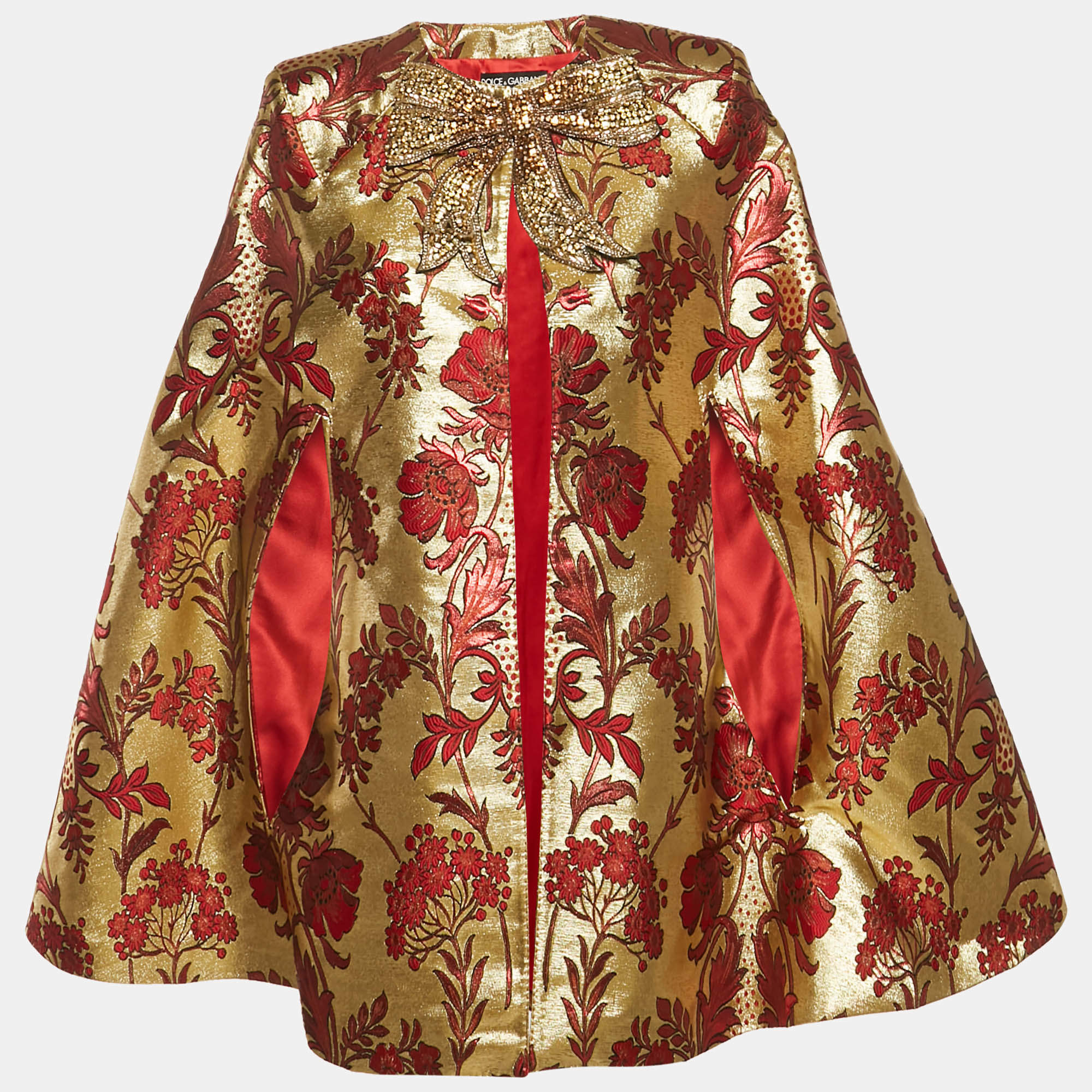 Pre Owned Dolce & Gabbana Gold & Red Bow Embellished Jacquard Cape M   
