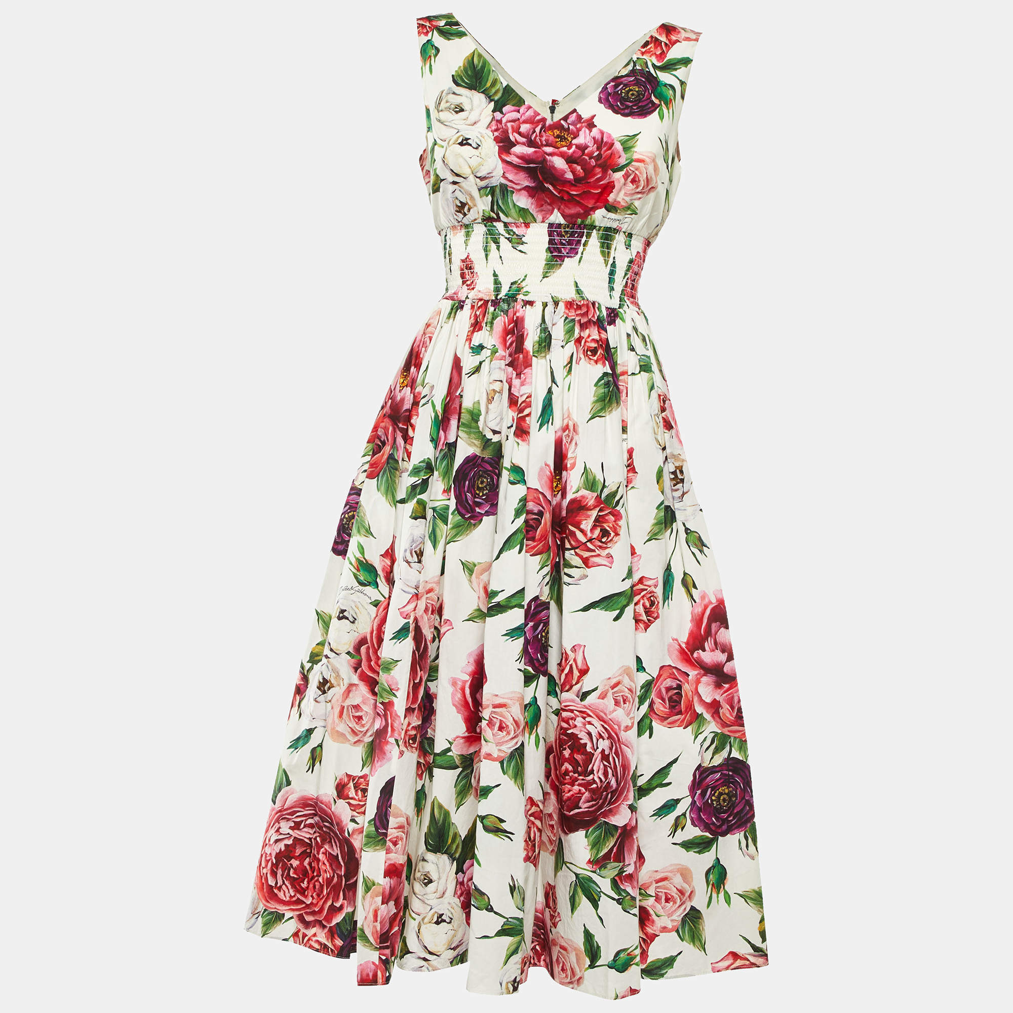 Pre Owned Dolce & Gabbana White Floral Print Cotton Midi Dress S