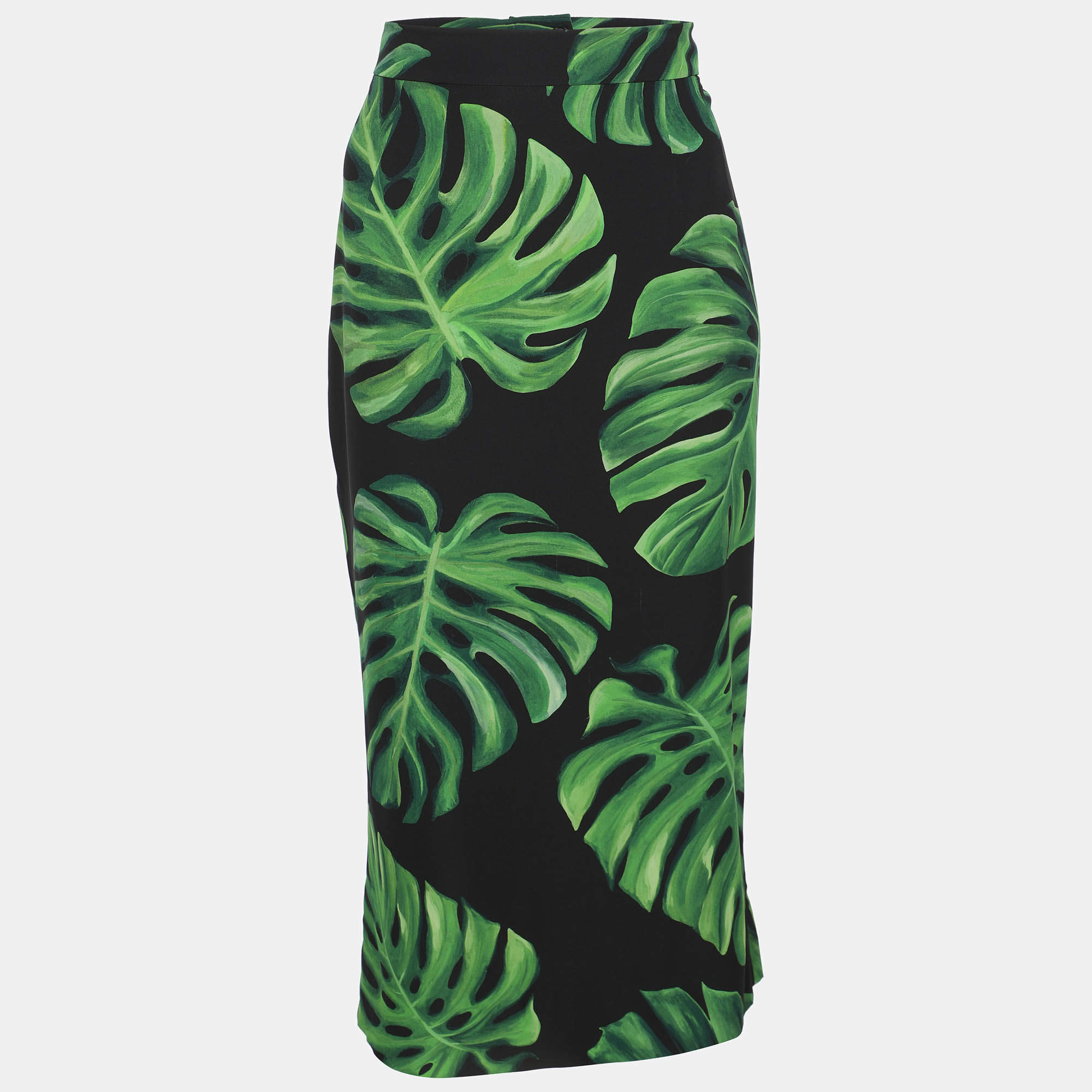 Pre Owned Dolce & Gabbana Black/Green Monstera Leaf Printed Crepe Pencil Skirt M