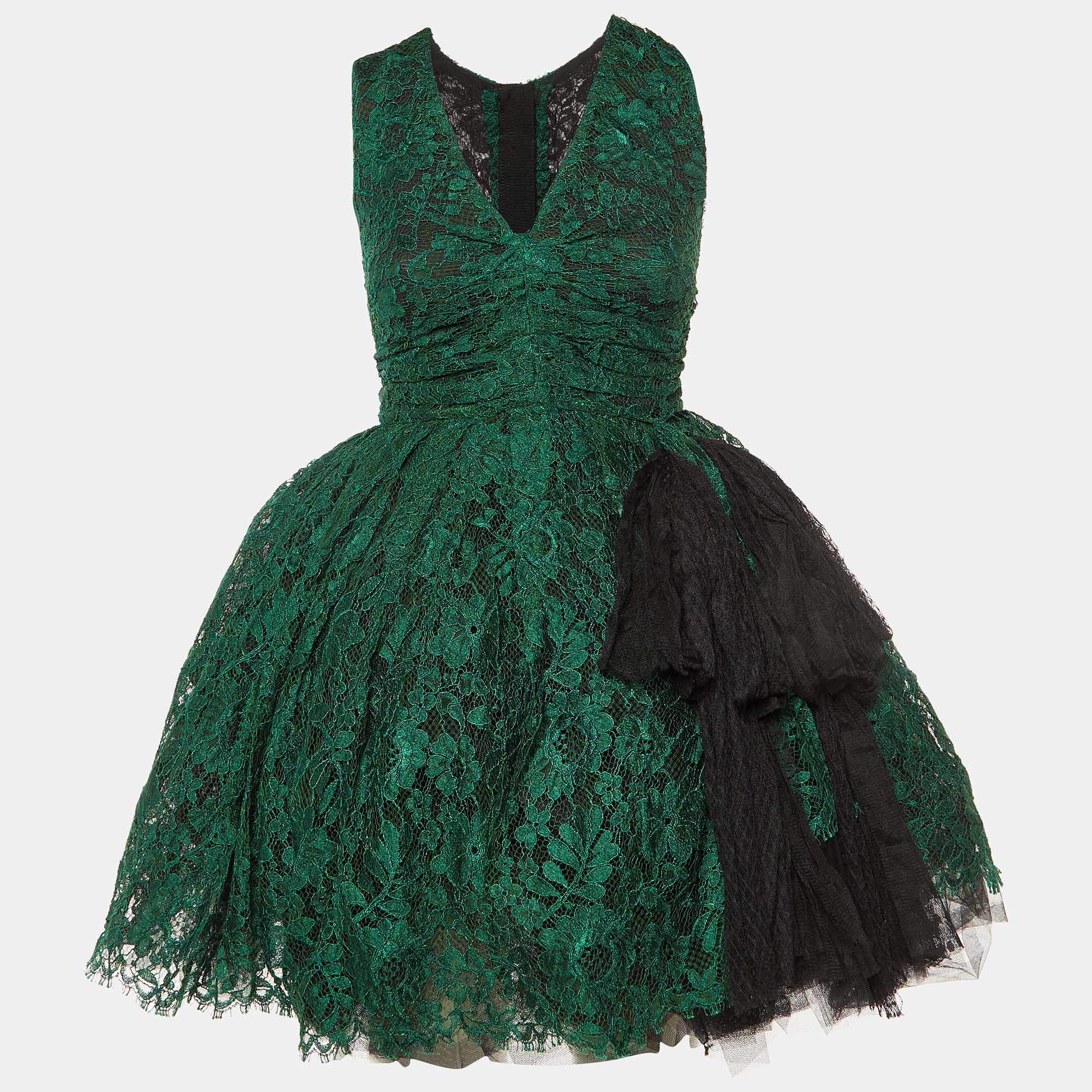 Pre Owned Dolce & Gabbana Green Lace Bow Detail Flared Mini Dress S