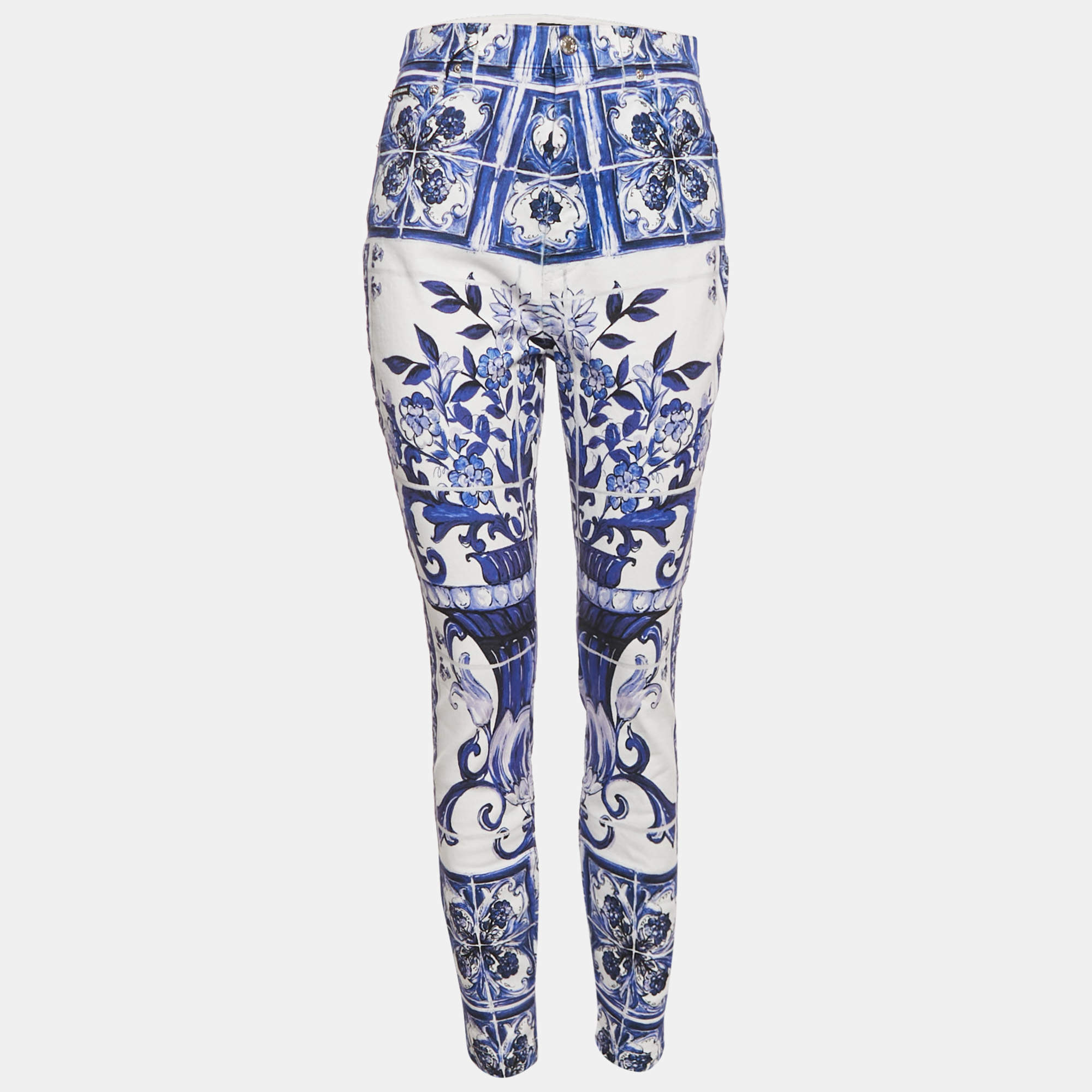 Pre Owned Dolce & Gabbana White Majolica Print Denim Skinny Jeans M Waist 27"