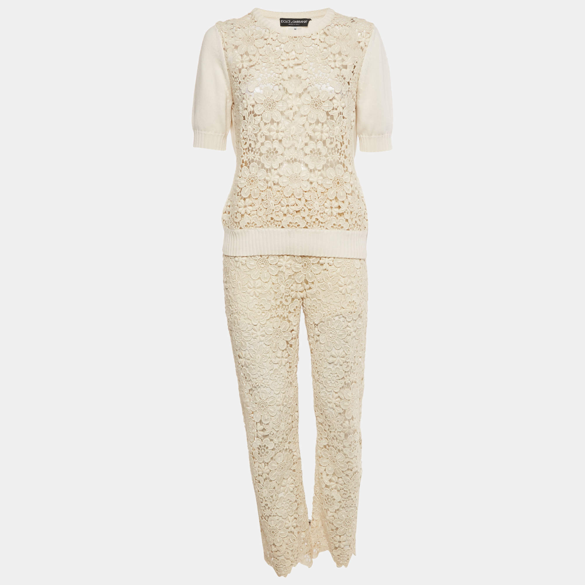 Pre Owned Dolce & Gabbana Cream Lace Knit Top and Pants Set M