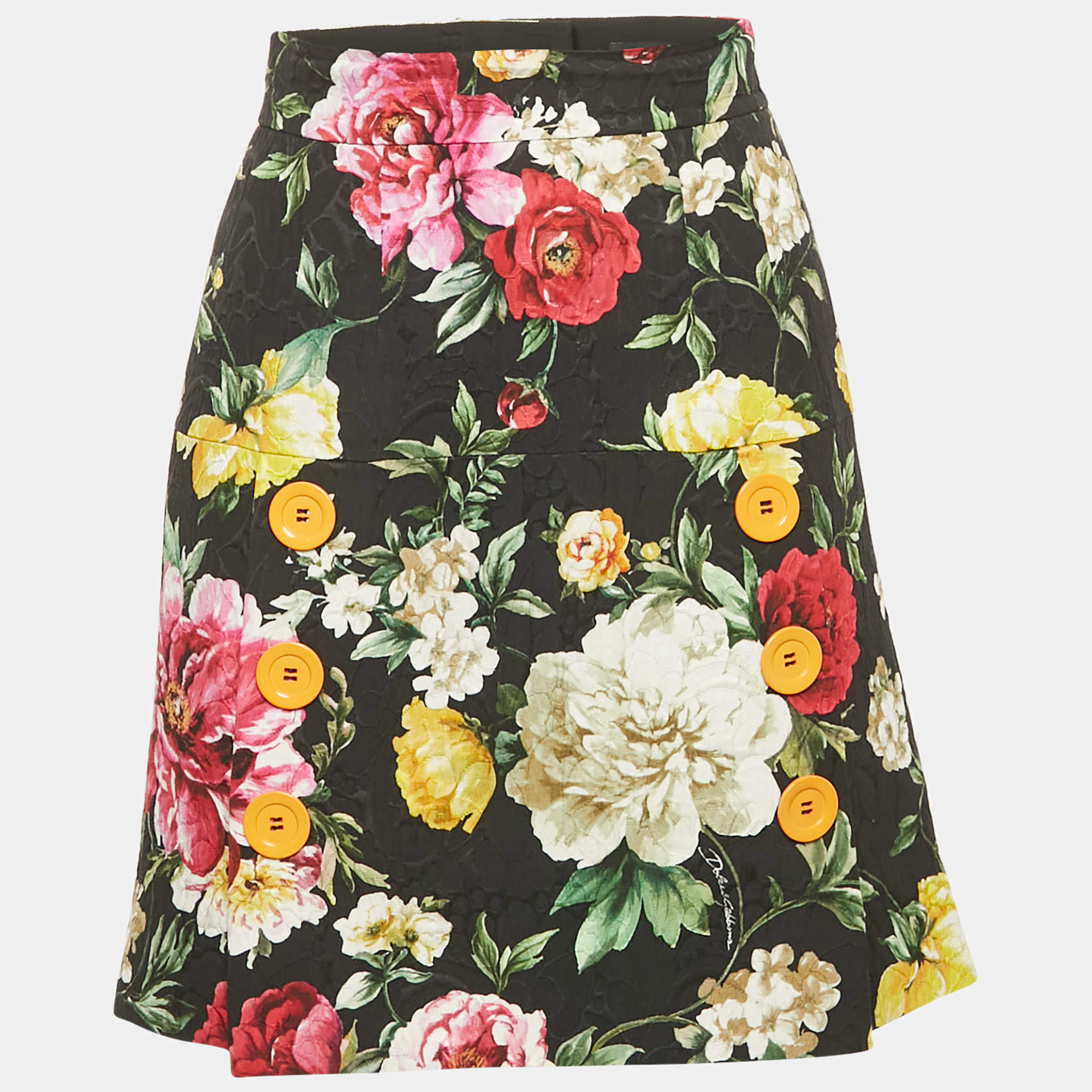 Pre Owned Dolce & Gabbana Black Floral Print Button Detail Jacquard Mini Skirt XS