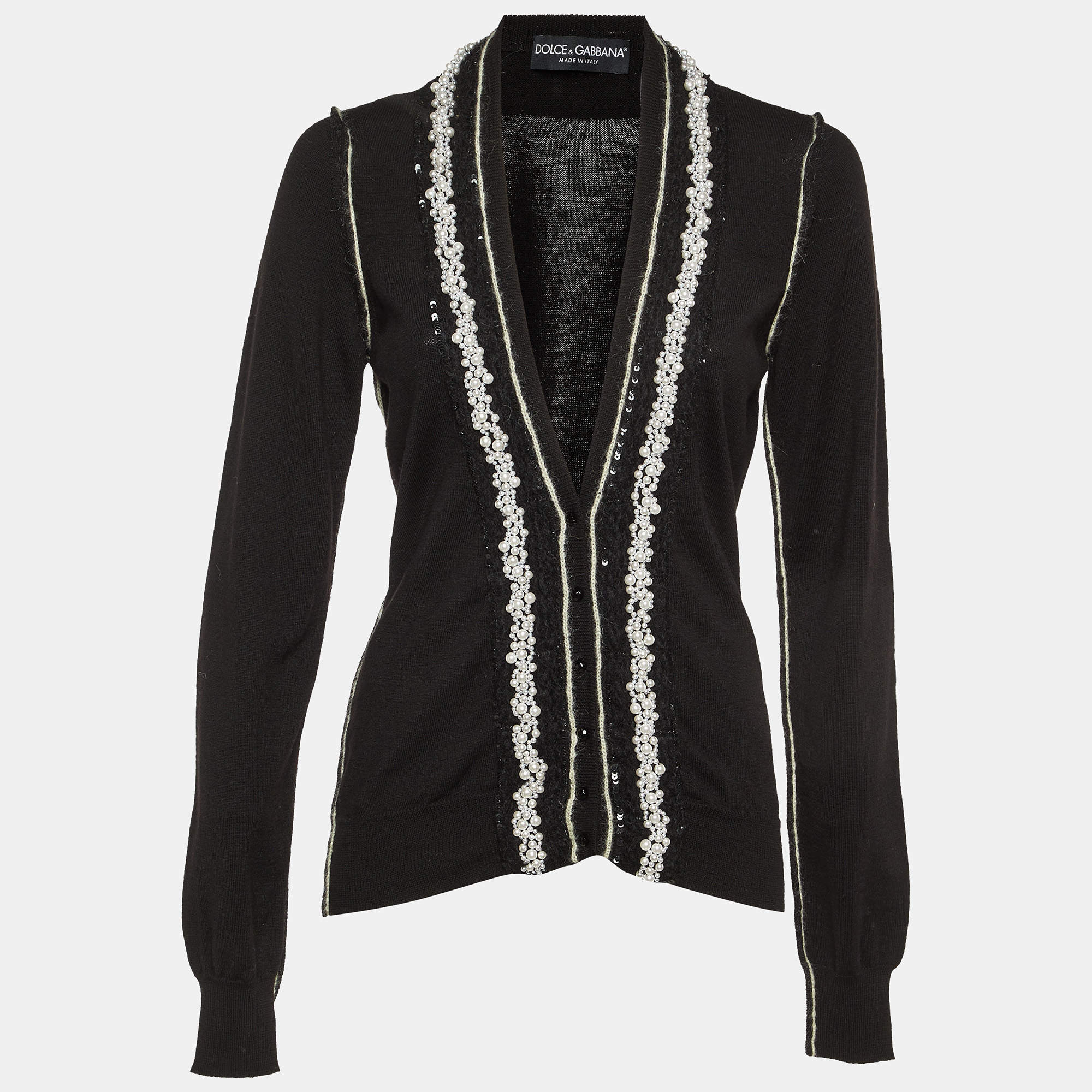 Pre Owned Dolce & Gabbana Black Virgin Wool Embellished Cardigan M