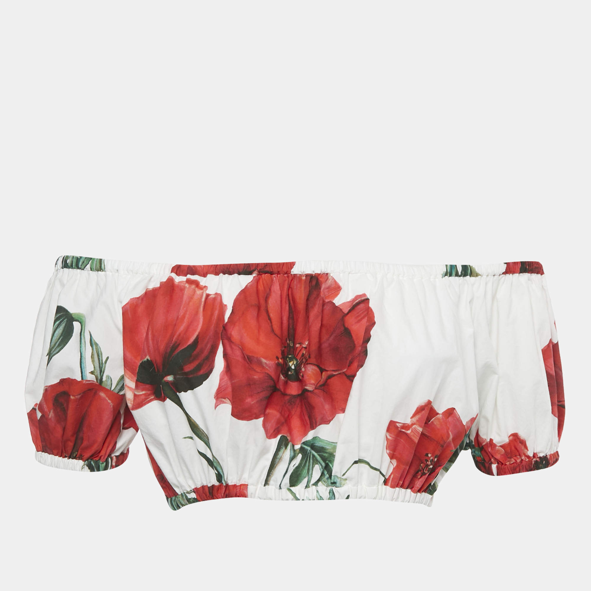 Pre Owned Dolce & Gabbana White Poopy Print Cotton Off Shoulder Crop Top XS