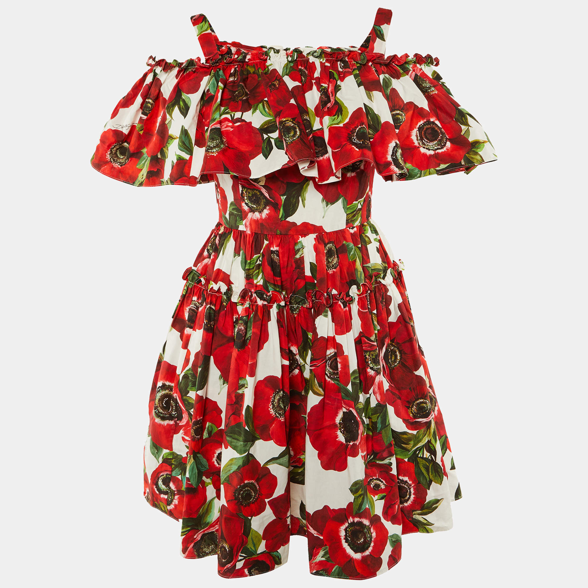 Pre Owned Dolce & Gabbana Red Floral Print Cotton Ruffled Dress S