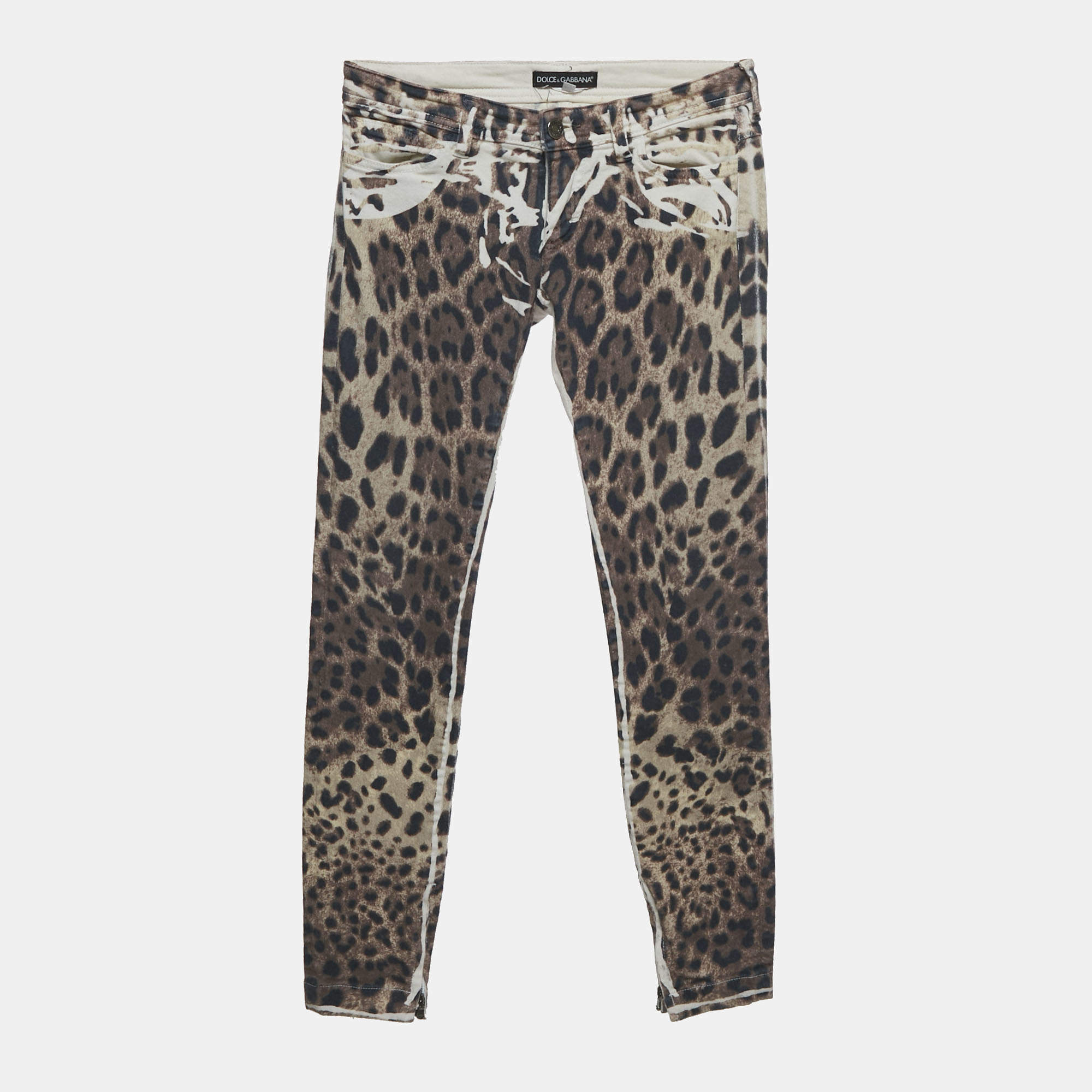 Pre Owned Dolce & Gabbana Brown Leopard Print Denim Skinny Jeans S Waist 26"