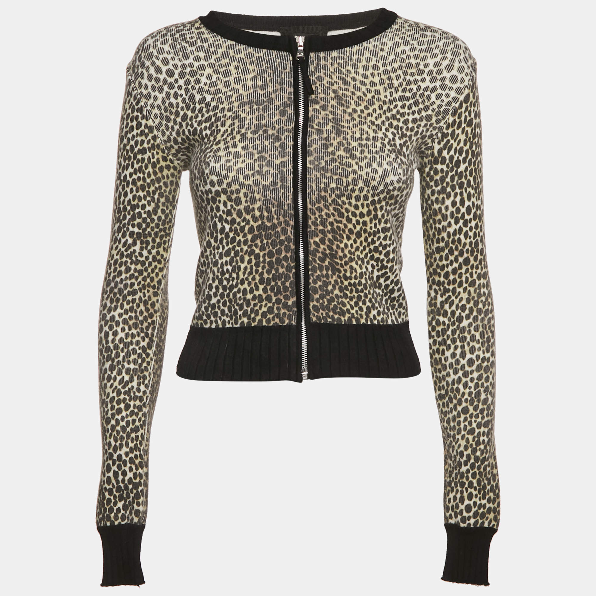 Pre Owned D&G Brown Leopard Print Rib Knit Zip-Up Jacket XS