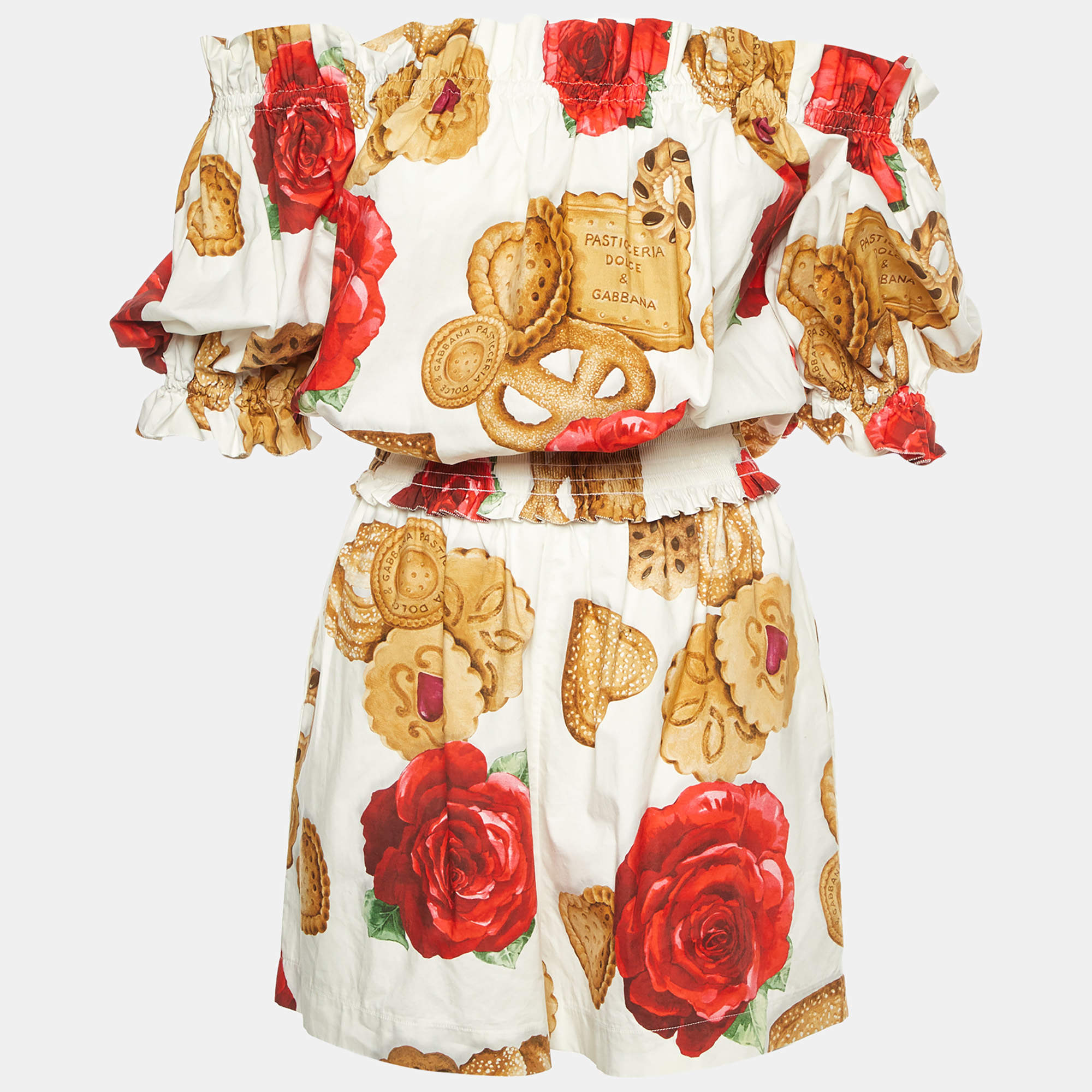 Pre Owned Dolce & Gabbana White Cookie Floral Print Cotton Off-The-Shoulder Playsuit S