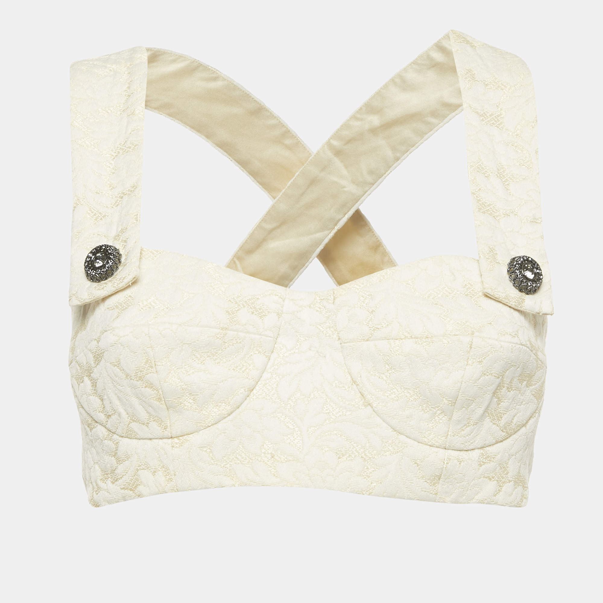 Pre Owned Dolce & Gabbana Off-White Jacquard Silk Crop Top S