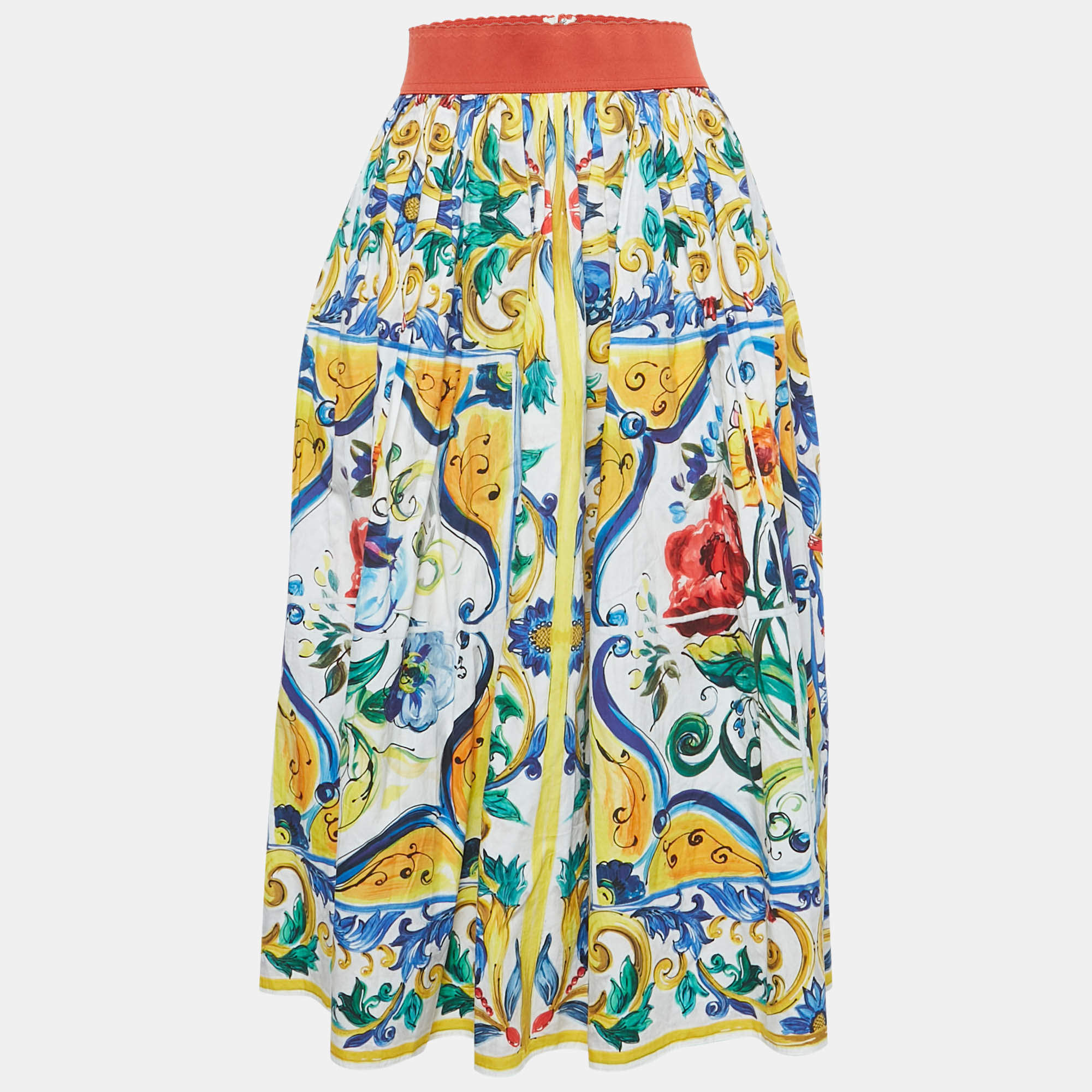 Pre Owned Dolce & Gabbana Multicolor Majolica Print Cotton Midi Skirt L