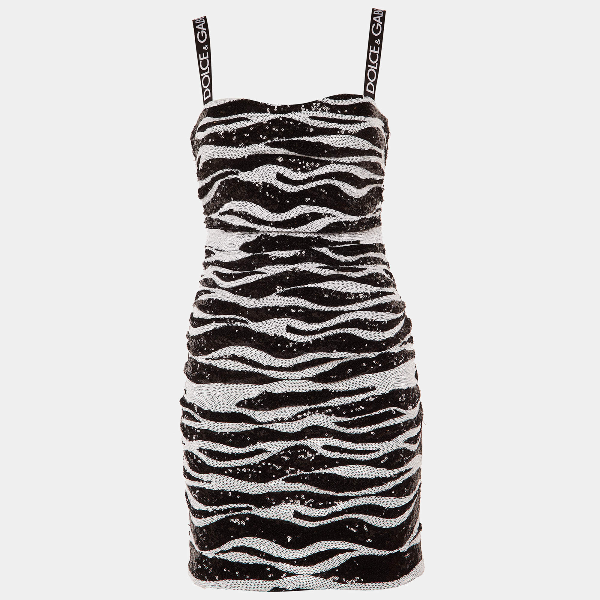 Pre Owned Dolce & Gabbana Monochrome Zebra Pattern Sequined Mini Dress S