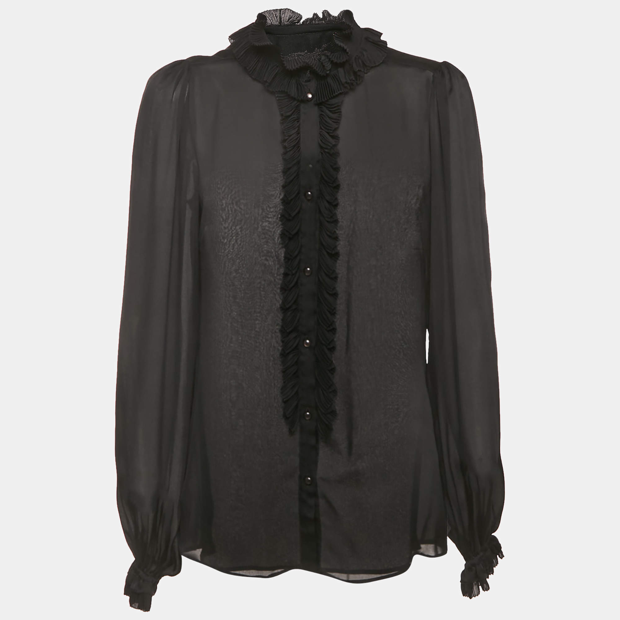 Pre Owned Dolce & Gabbana Black Silk Frill Detail Sheer Blouse M