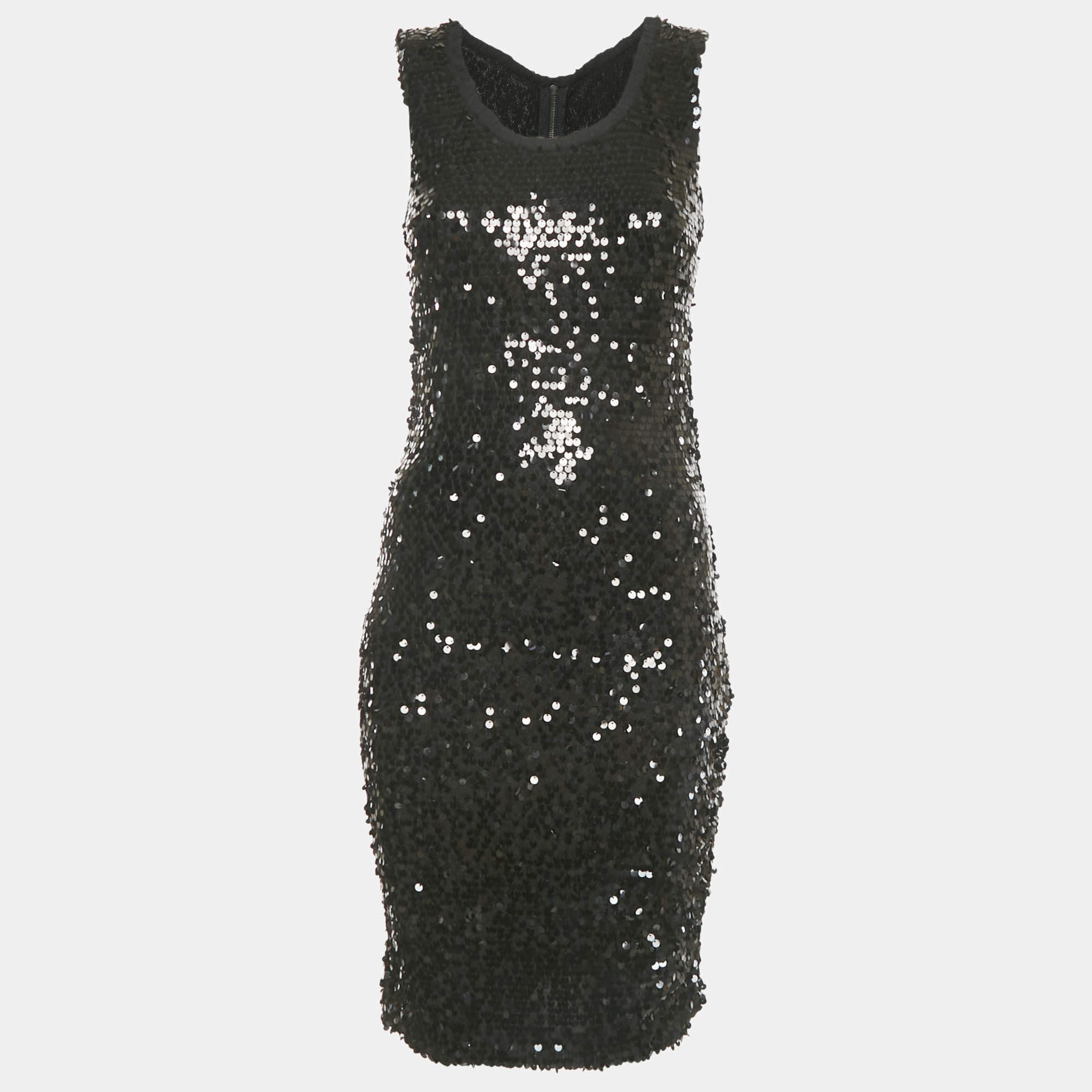 Pre Owned Dolce & Gabbana Black Sequin Mesh Sleeveless Short Dress S