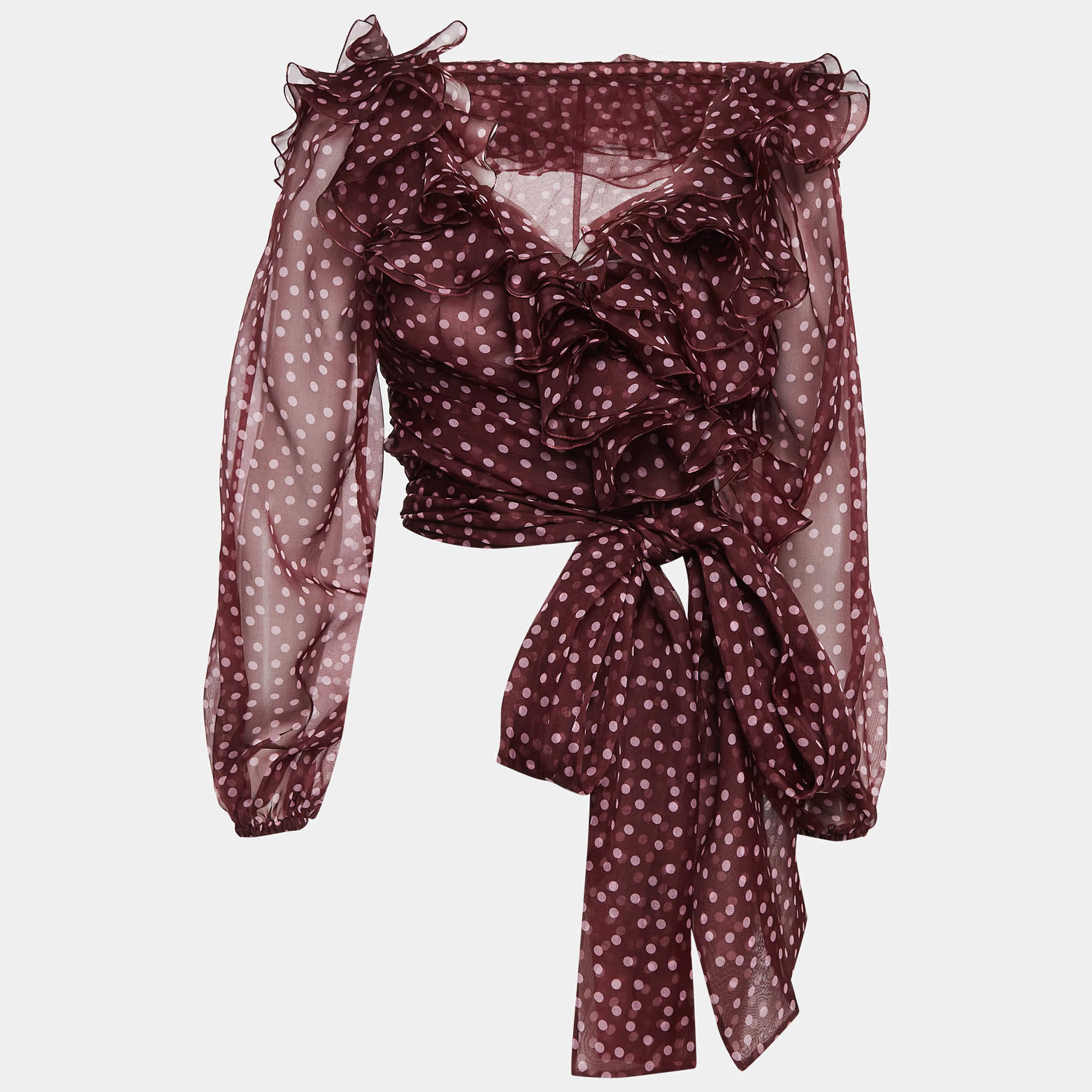 Pre Owned Dolce & Gabbana Burgundy Polka Dot Print Organza Silk Ruffled Wrap Top S