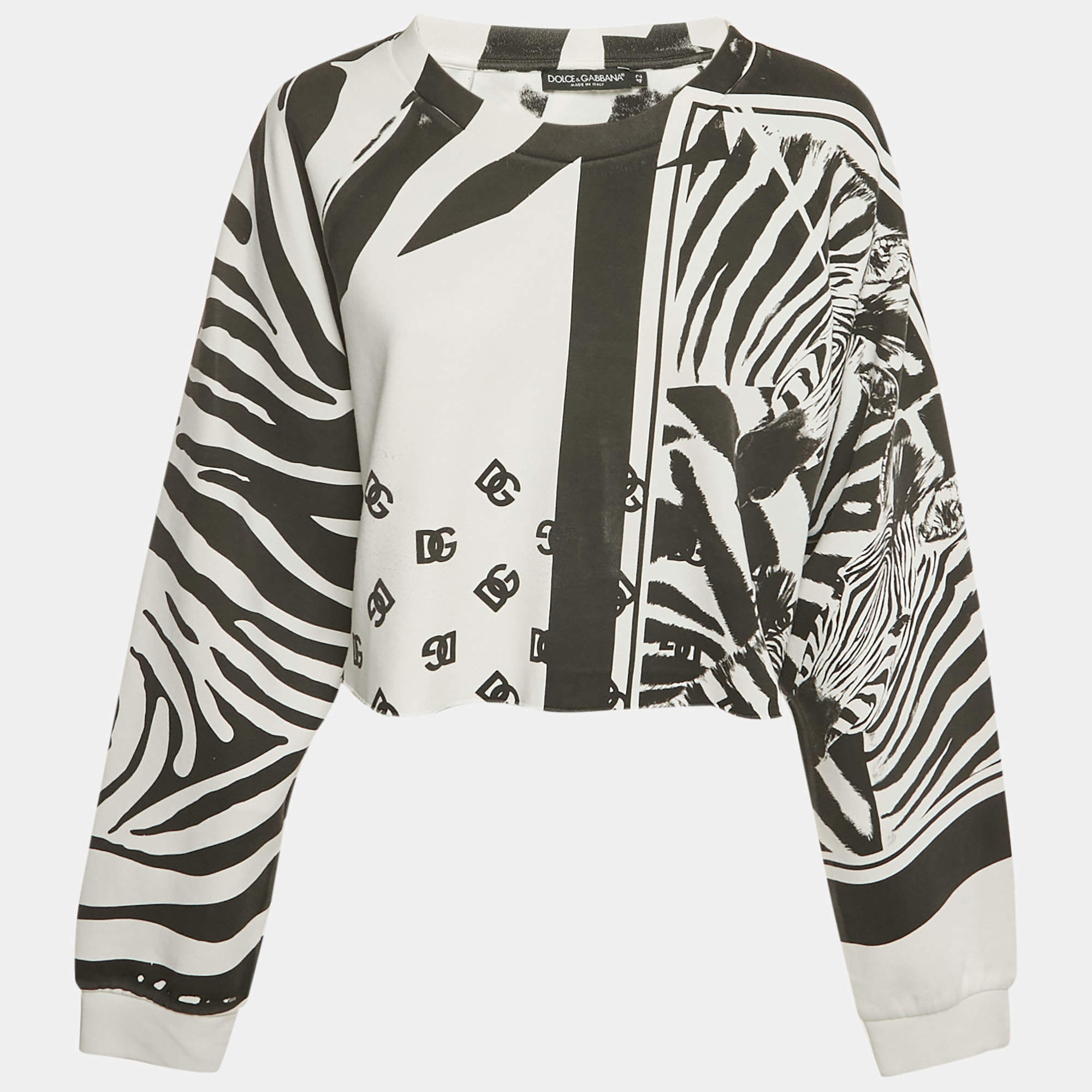 Pre Owned Dolce & Gabbana White/Black Abstract Print Cotton Cropped Sweatshirt M