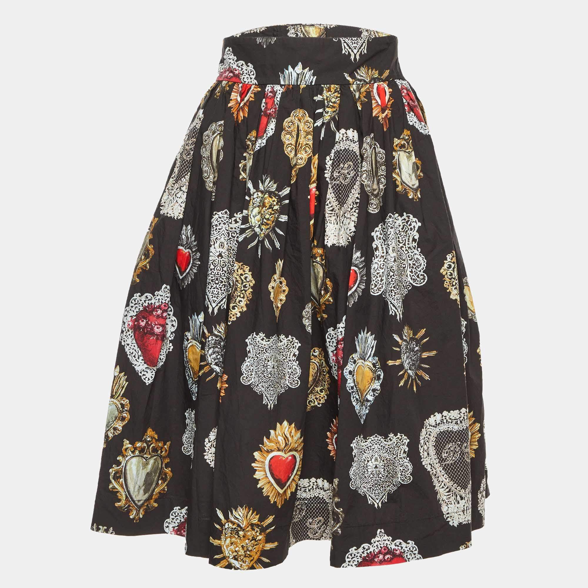 Pre Owned Dolce & Gabbana Black Sacred Heart Print Cotton Flared Skirt M