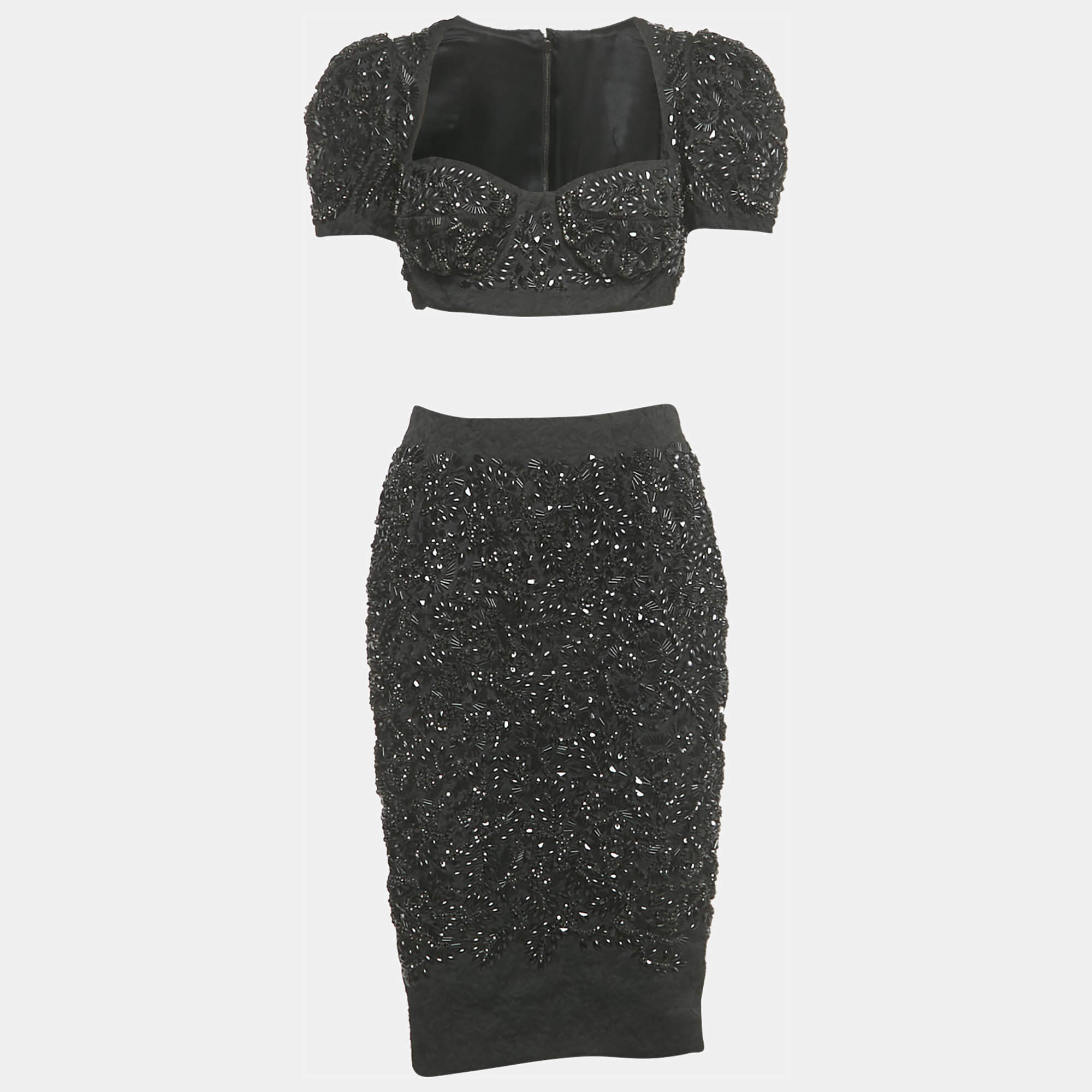 Pre Owned Dolce & Gabbana Black Crystal Embellished Jacquard Top and Skirt Set S