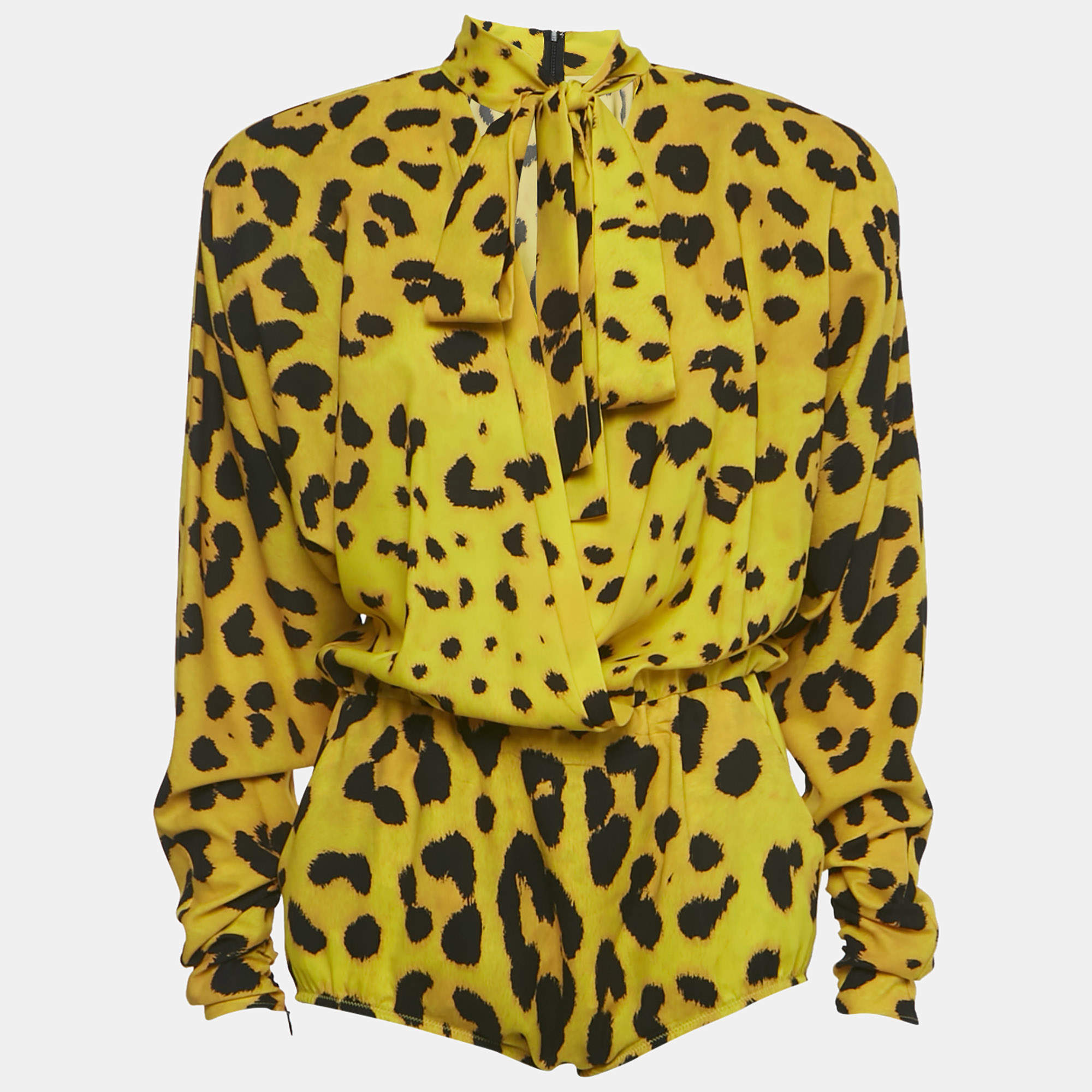 Pre Owned Dolce & Gabbana Yellow Leopard Print Silk Plunging Neck Playsuit S