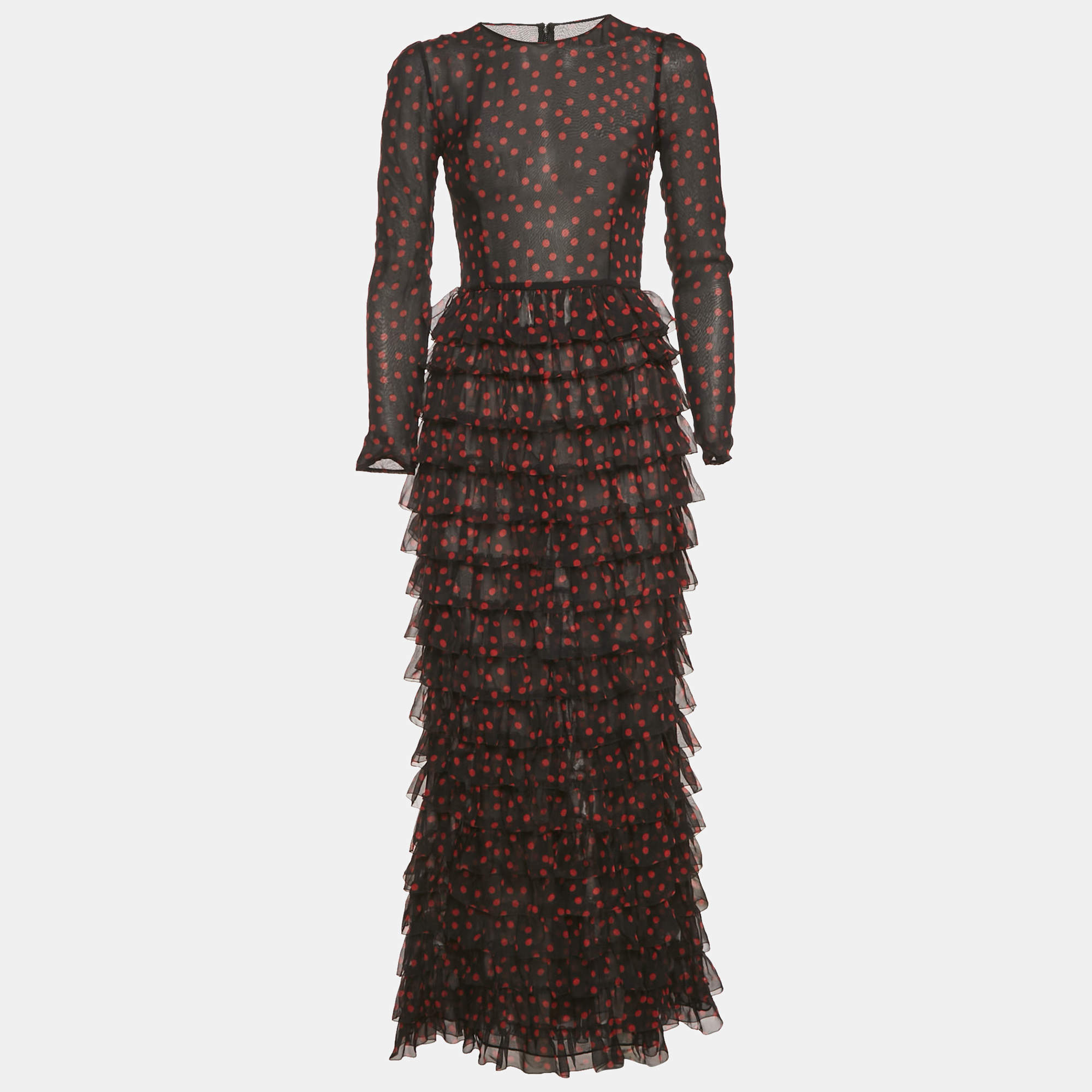 Pre Owned Dolce & Gabbana Black Polka Dots Silk Tiered Maxi Dress S