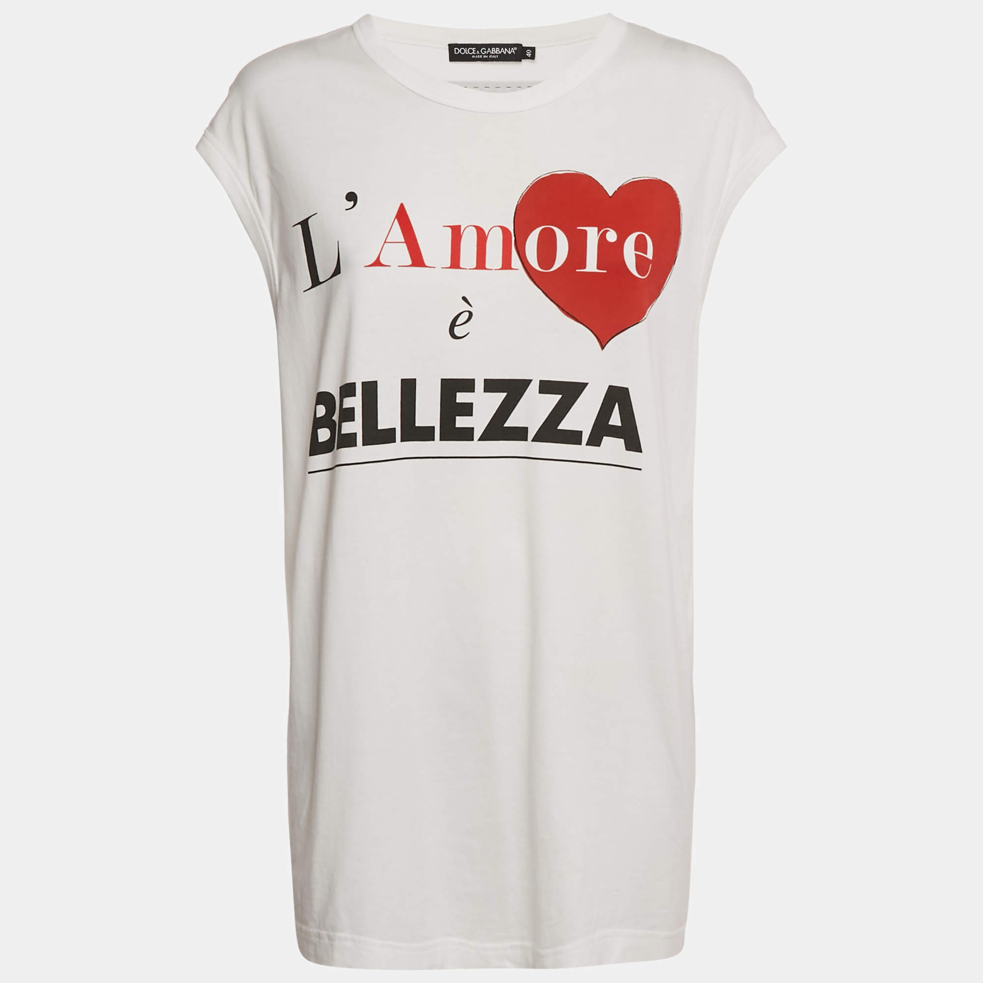Pre Owned Dolce & Gabbana White Bellezza Print Jersey Sleeveless T-Shirt S