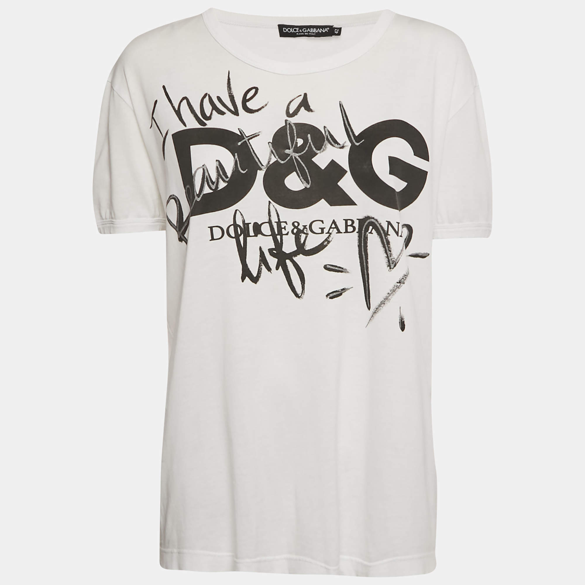 Pre Owned Dolce & Gabbana White Beautiful Life Logo Print Cotton T-Shirt M