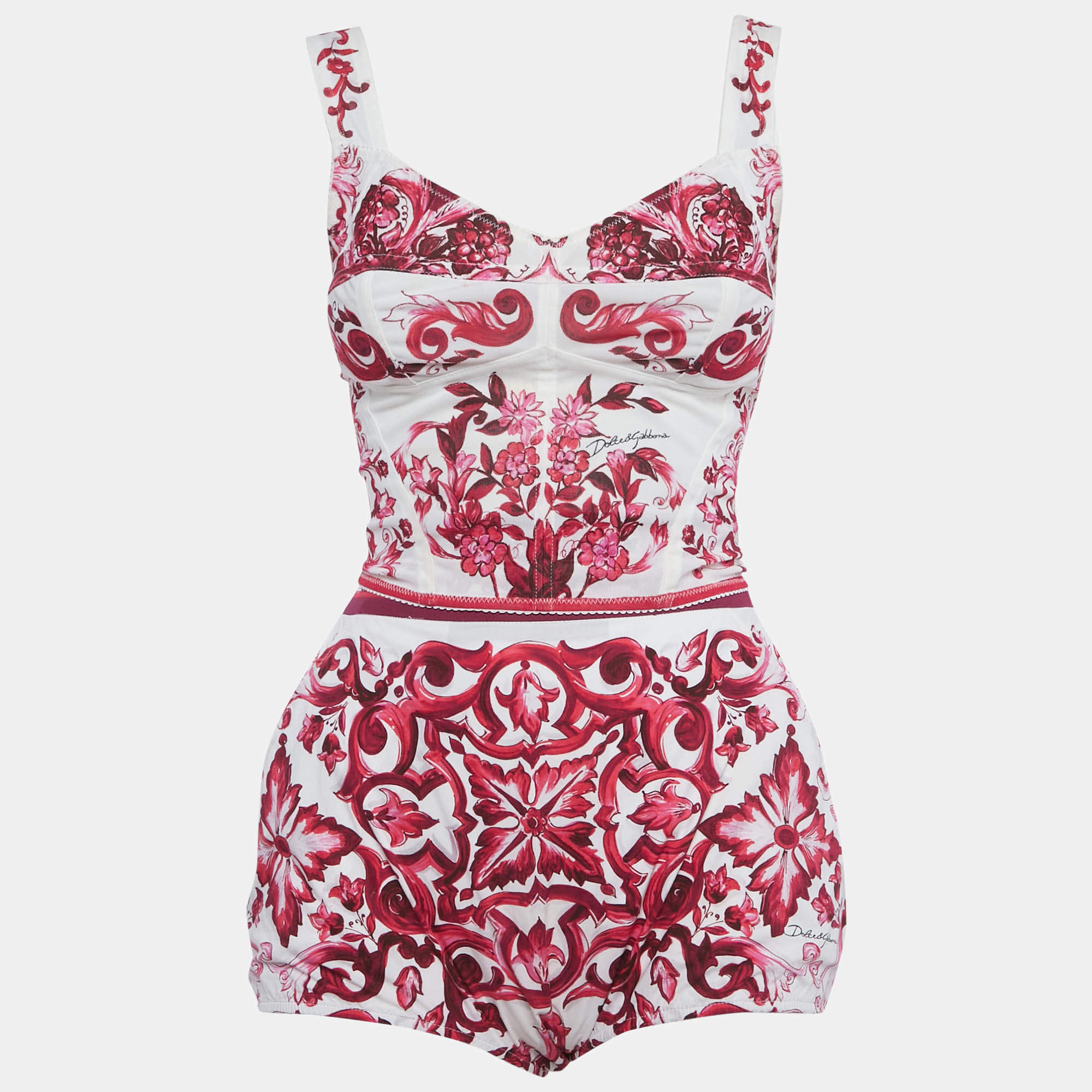 Pre Owned Dolce & Gabbana White Majolica Print Mesh Corset Top & Cotton Shorts Set XS/S