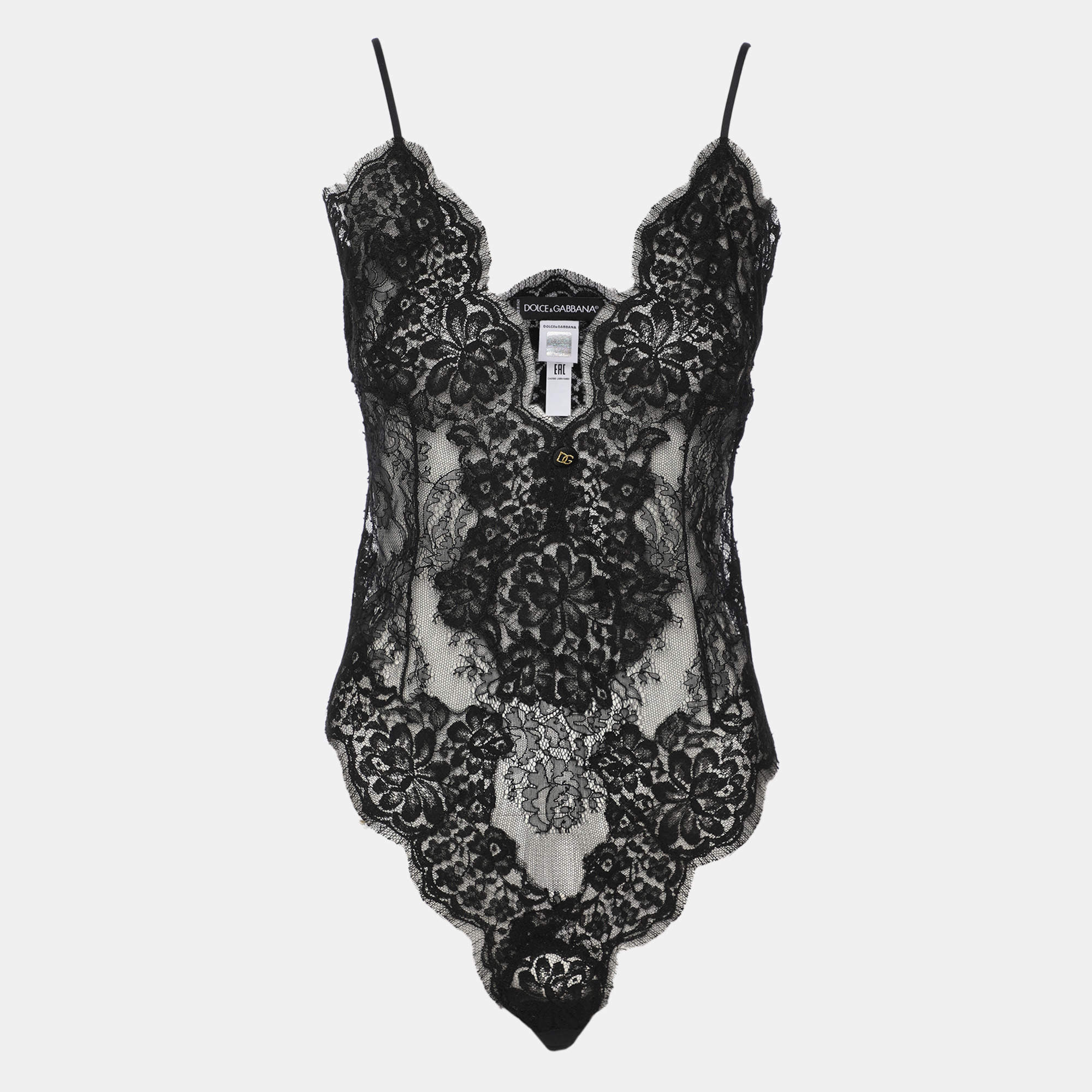 Pre Owned Dolce & Gabbana Black Lace Logo Bodysuit M