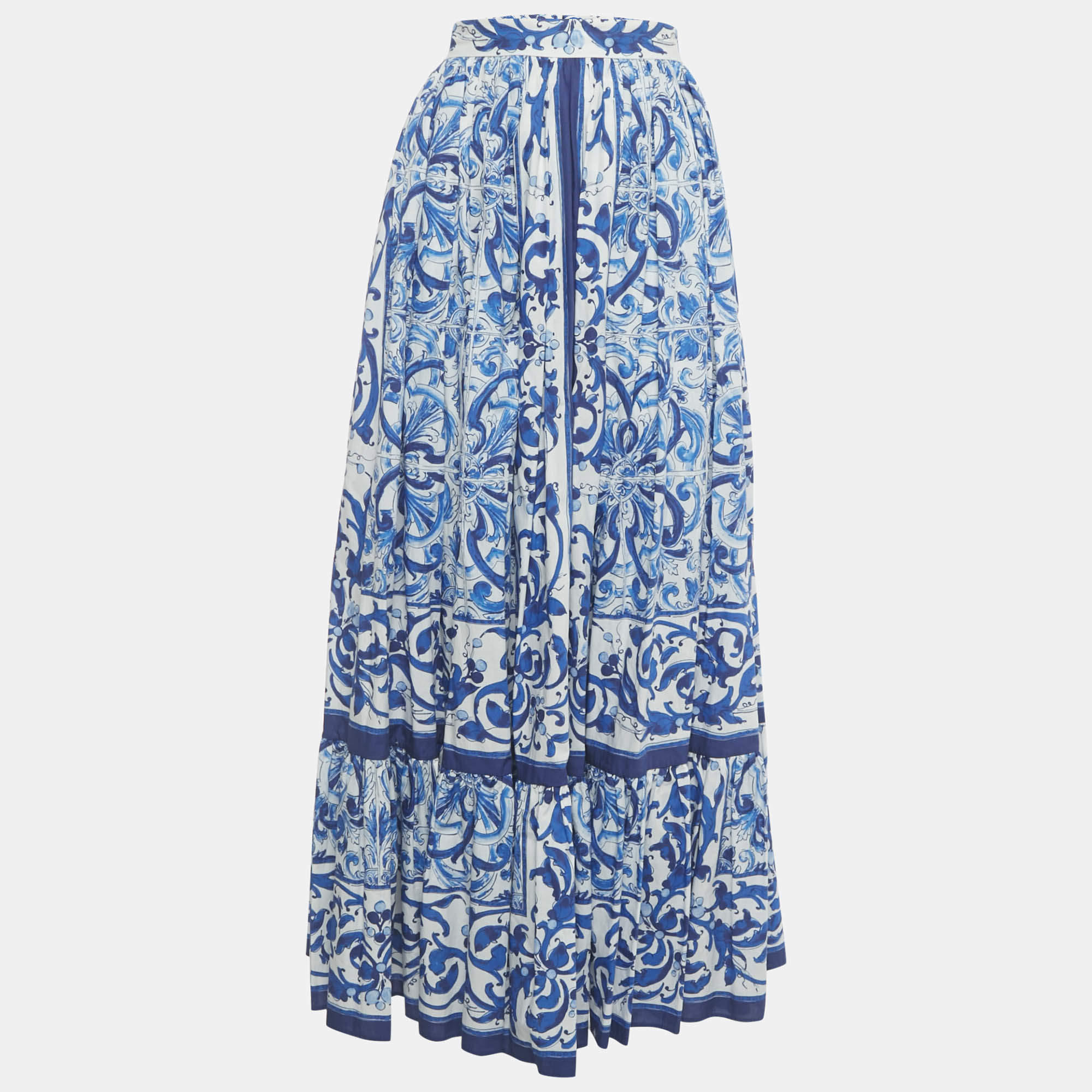 Pre Owned Dolce & Gabbana Blue Majolica Print Poplin Maxi Skirt M
