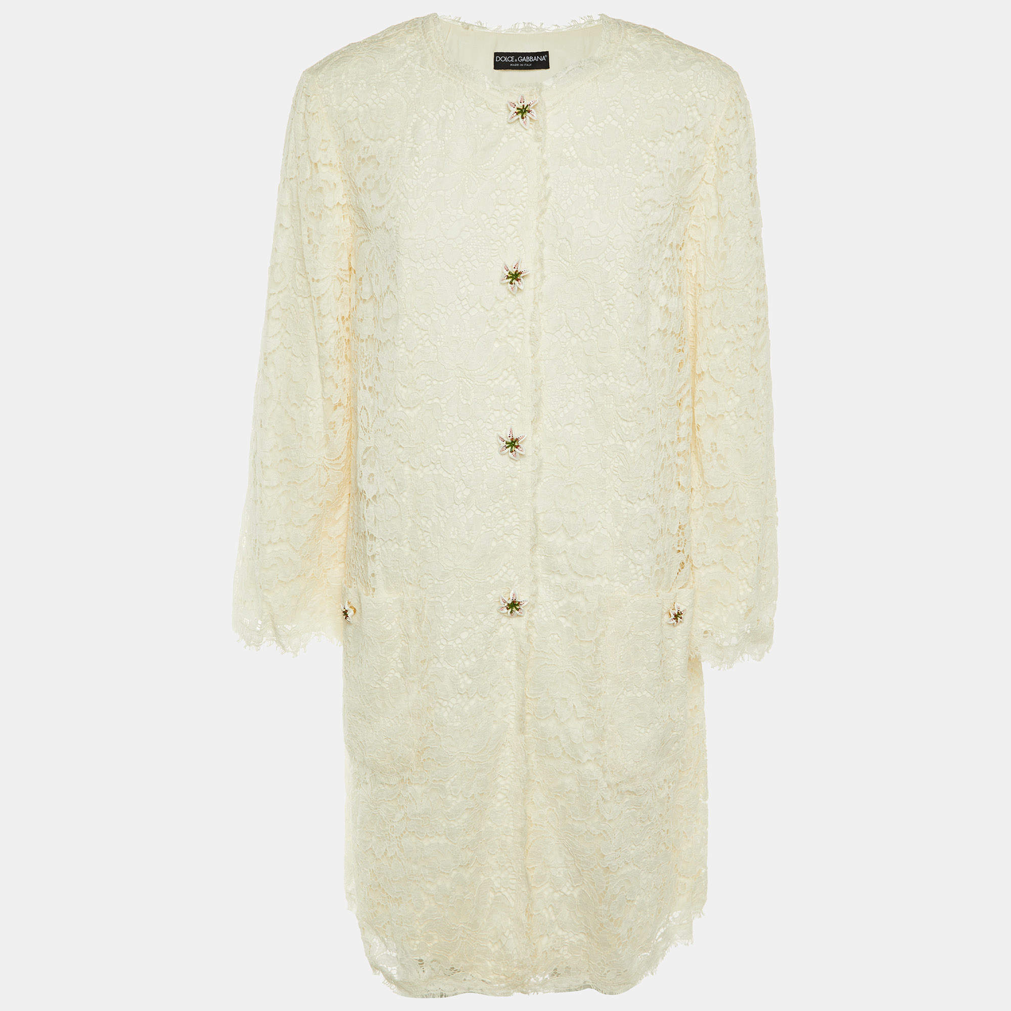 Pre Owned Dolce & Gabbana Ivory Lace Lily Button Detail Coat XL