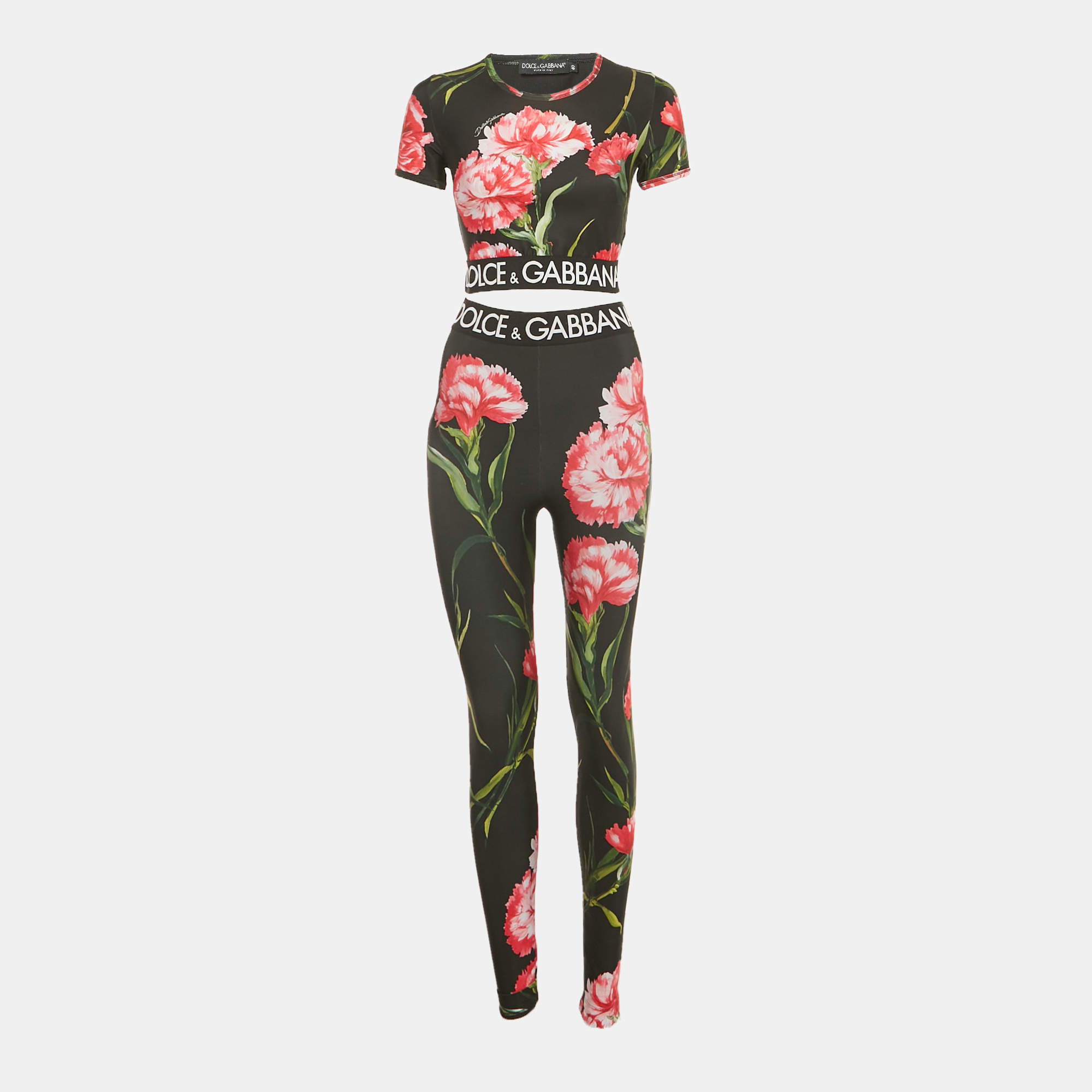 Pre Owned Dolce & Gabbana Black Floral Print Nylon Cropped Top & Leggings Set S