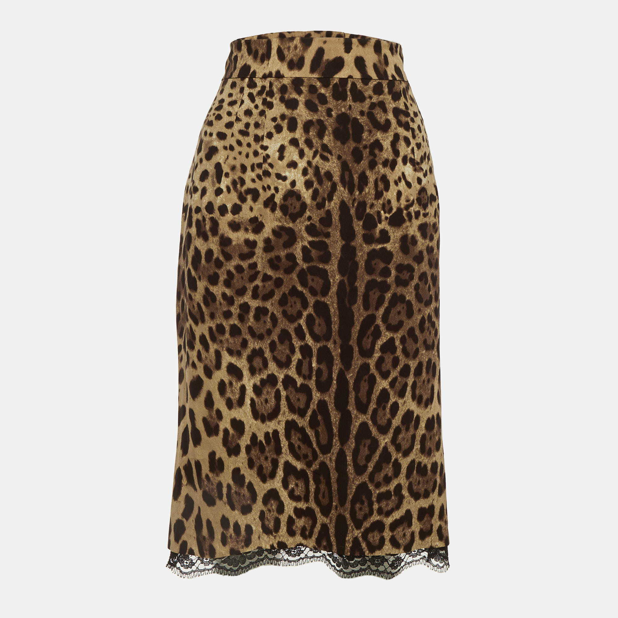 مملوكة مسبقًا تنورة دولتشي أند غابانا حرير بني بطبعة الفهد مع تفاصيل دانتيل وسط- كبرى