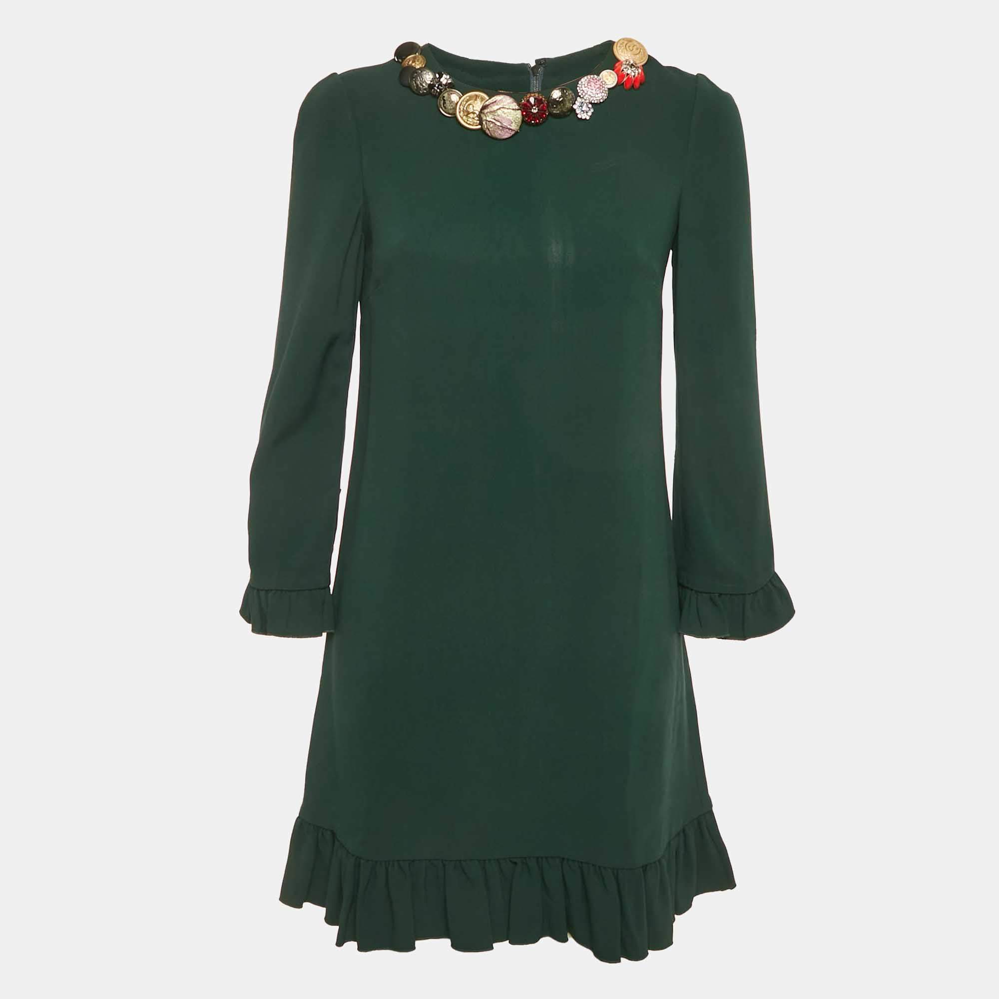 Pre Owned Dolce & Gabbana Green Crepe Bejeweled Buttons Flounce Dress S