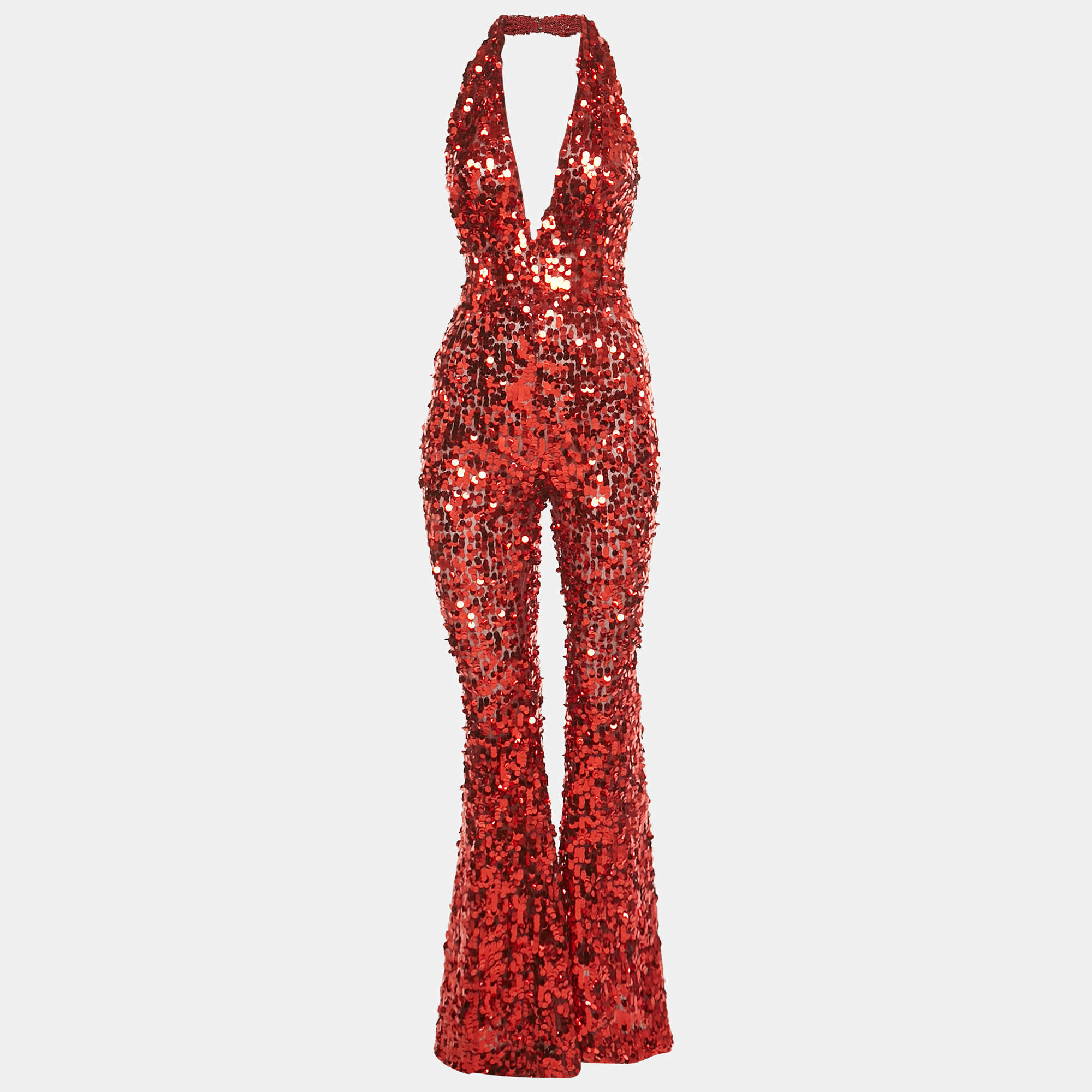Pre Owned Dolce & Gabbana Red Sequin Tulle Halter Neck Jumpsuit S
