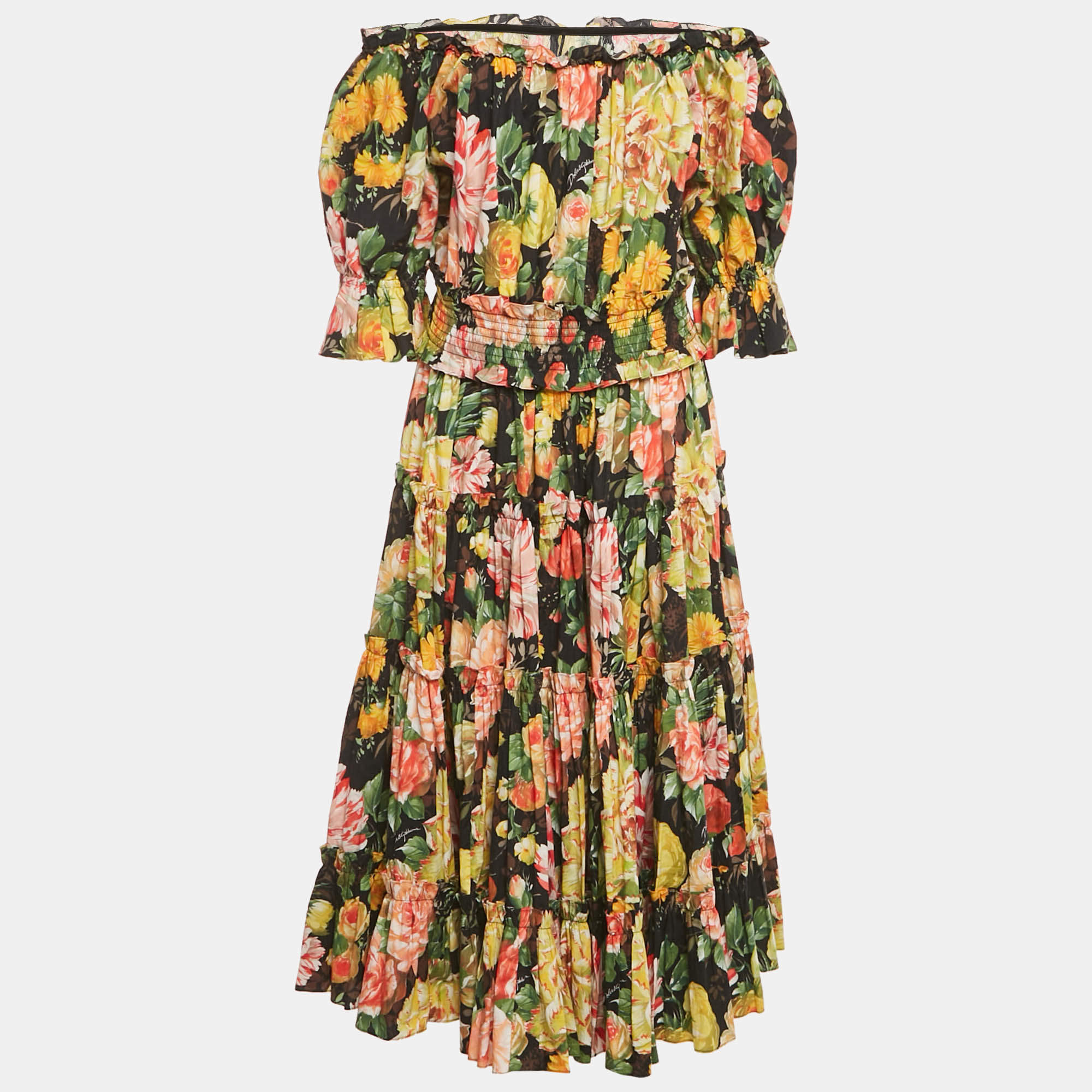Pre Owned Dolce & Gabbana Multicolor Floral Print Cotton Tiered Midi Dress L