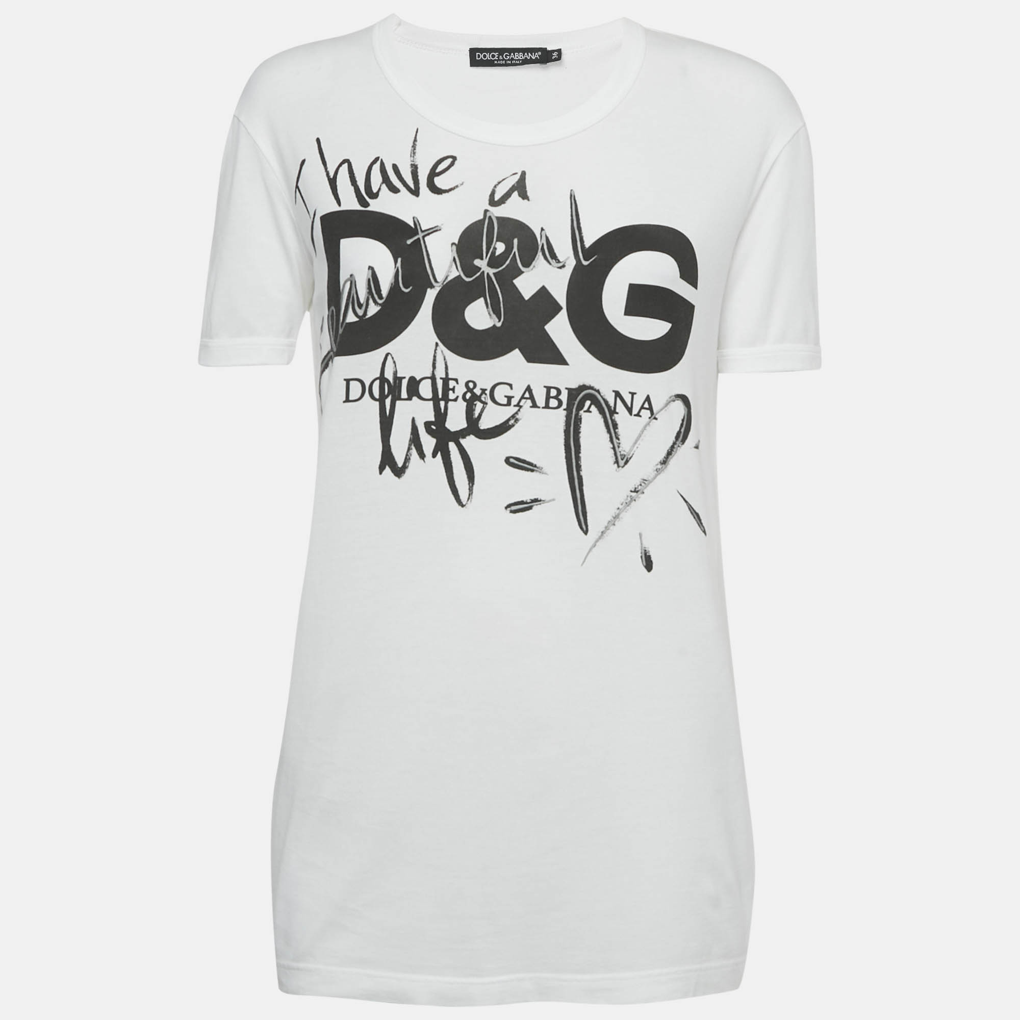 Pre Owned Dolce & Gabbana White I Have A Beautiful Life Print Cotton T-Shirt XS 