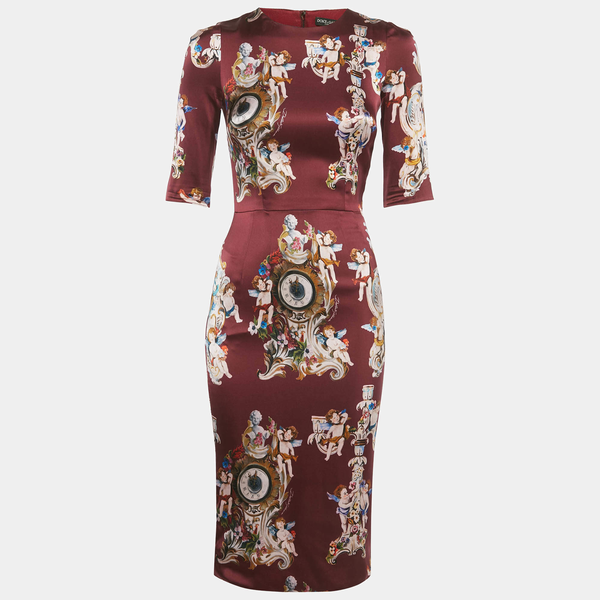 Pre Owned Dolce & Gabbana Burgundy Printed Silk Midi Dress S